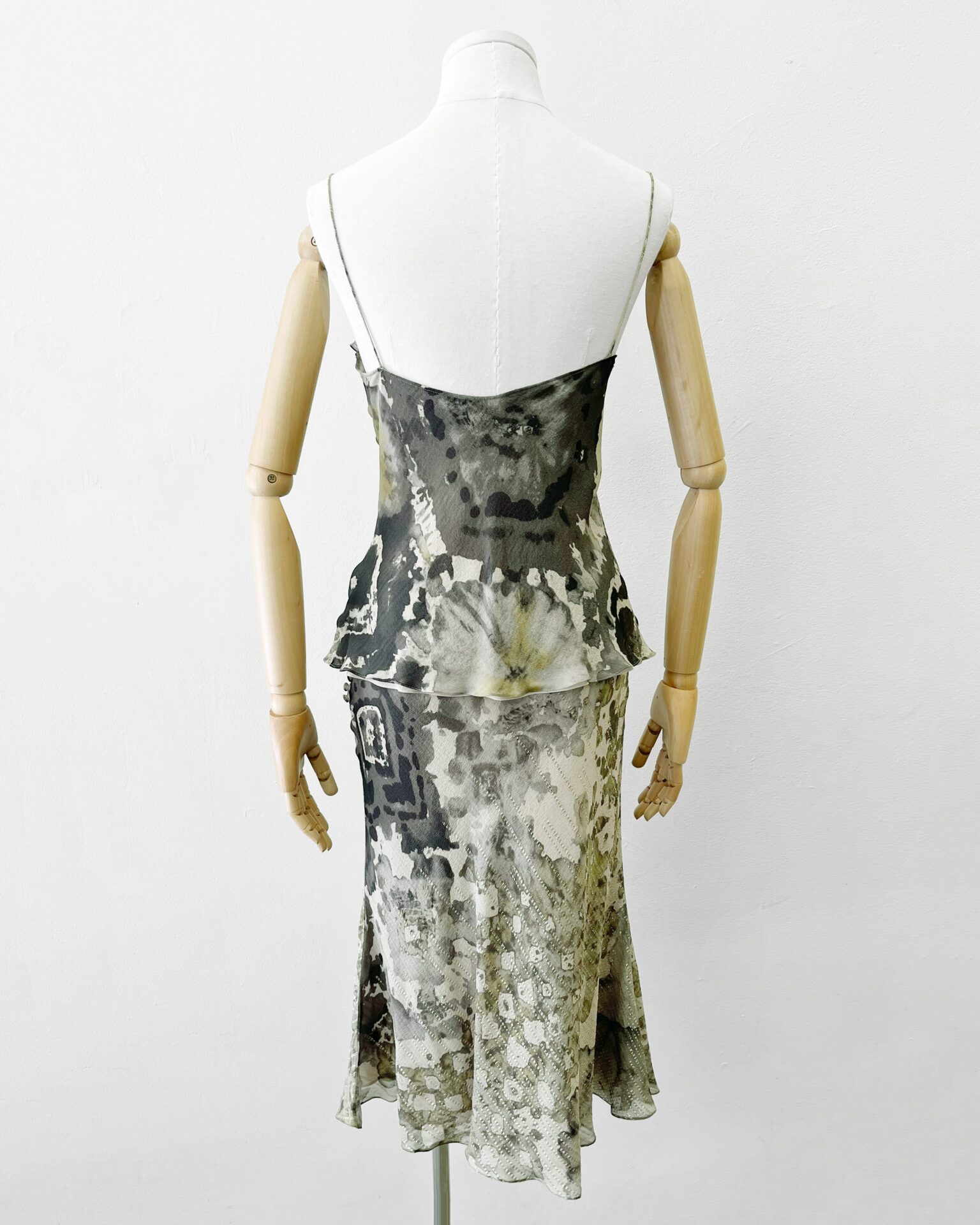Dior SS2003 taupe/green ruffle silk chiffon 2 piece skirt & cami set