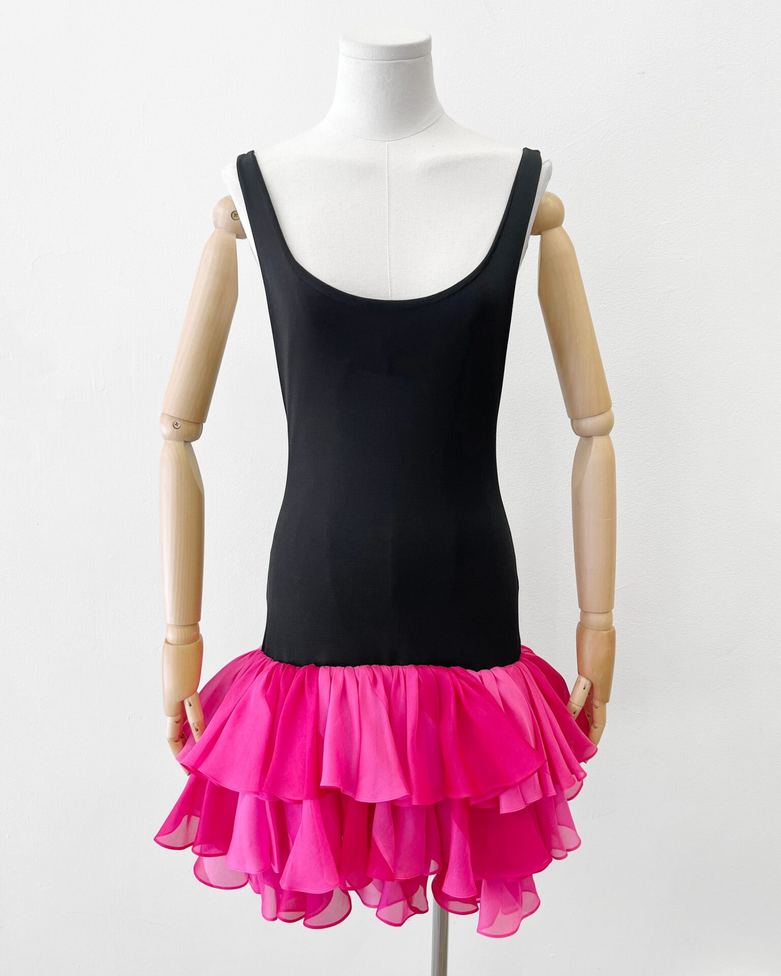 Yves Saint Laurent Rive Gauche SS1991 runway silk drop waist pink & black ruffle dress