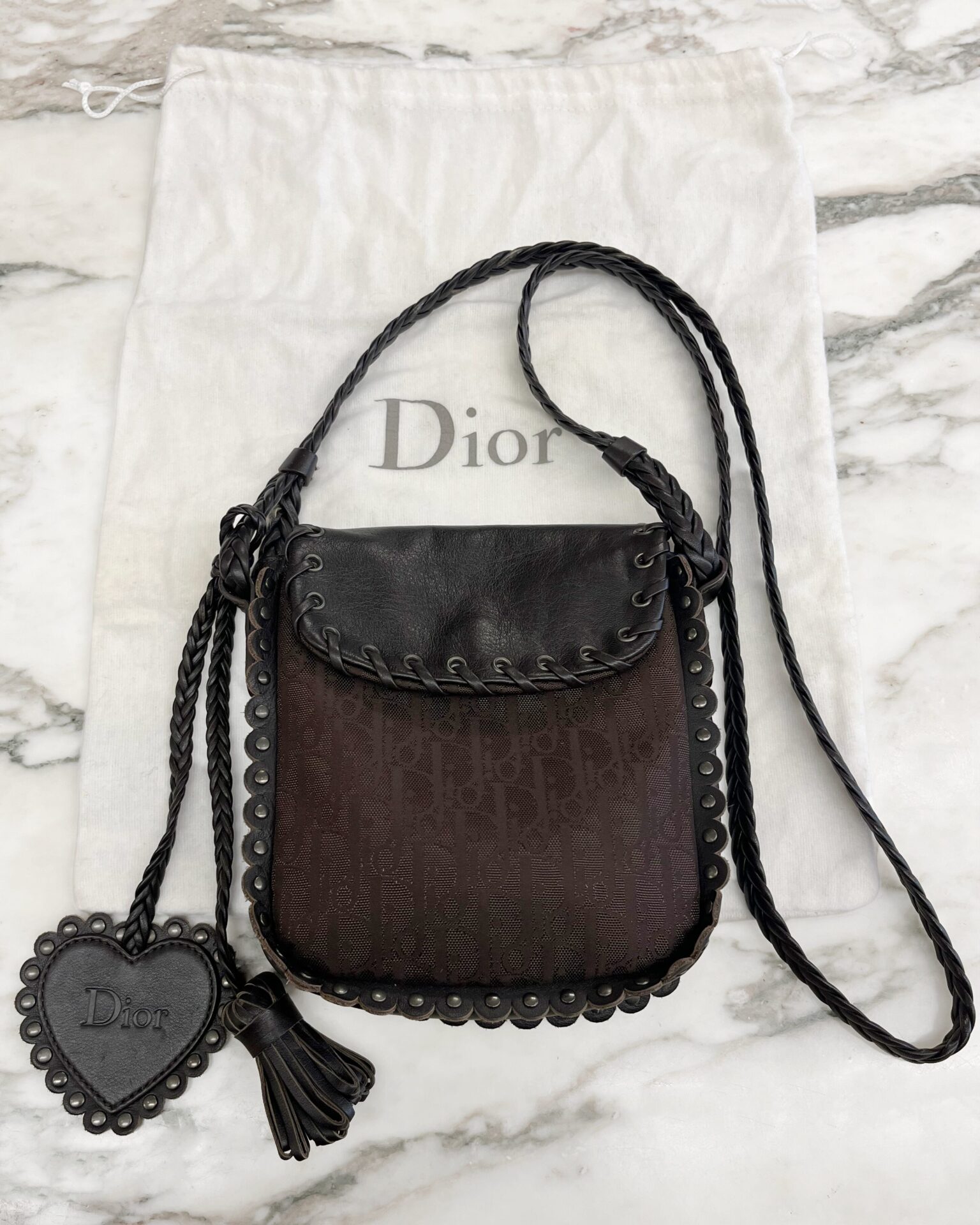 Dior 2007 chocolate Oblique crossbody pouch with studs