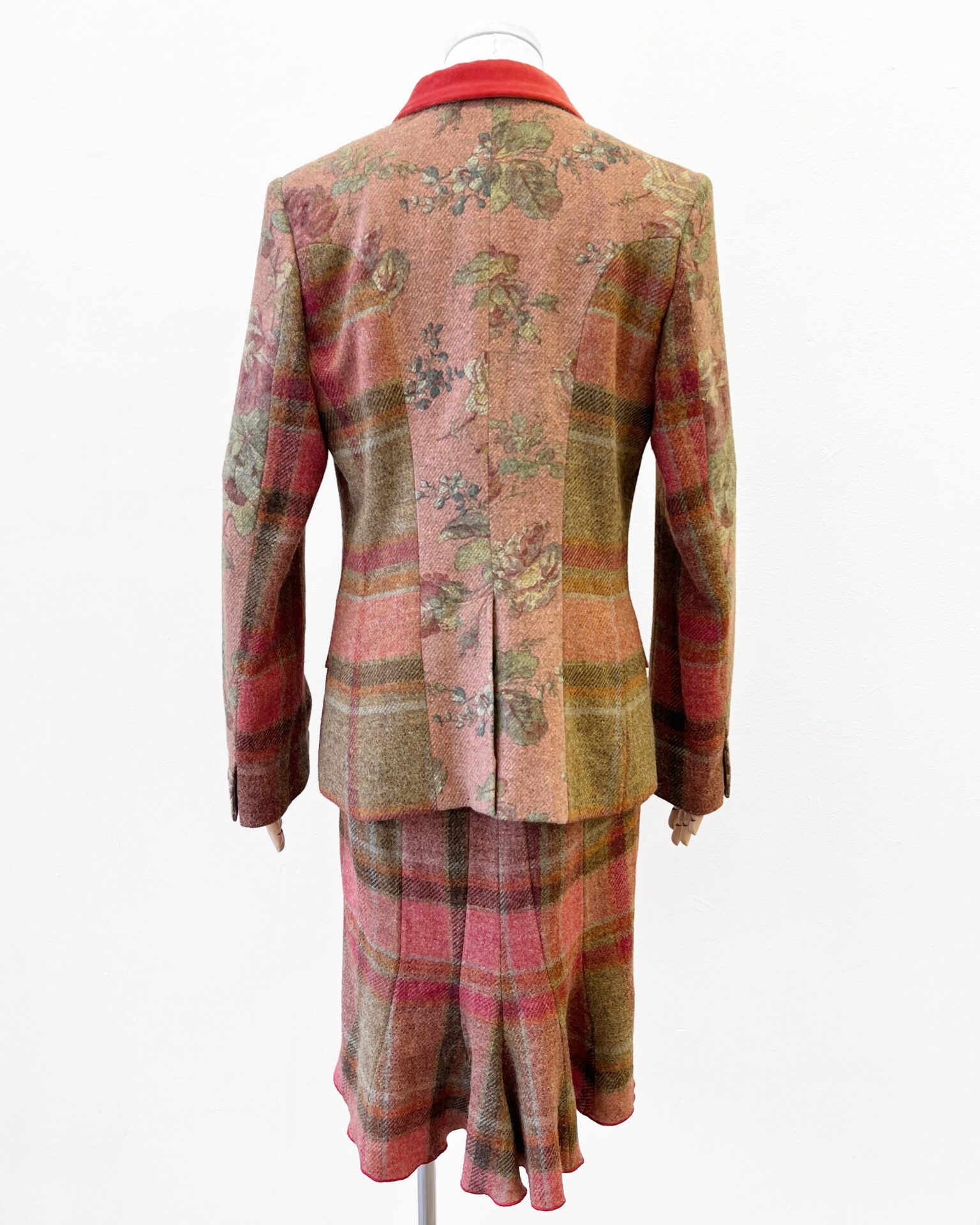Etro wool rose/green plaid jacket & floral skirt suit