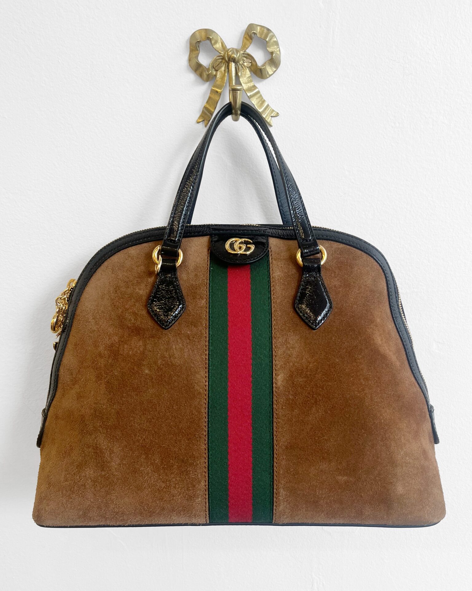 Gucci Medium Ophedia Dome Web bag in brown suede & black patent leather