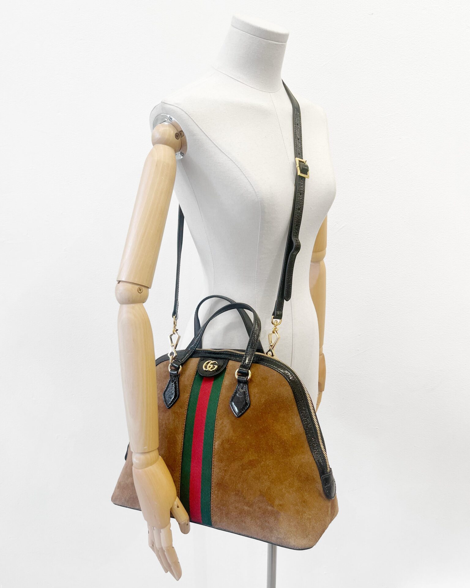 Gucci Medium Ophedia Dome Web bag in brown suede & black patent leather