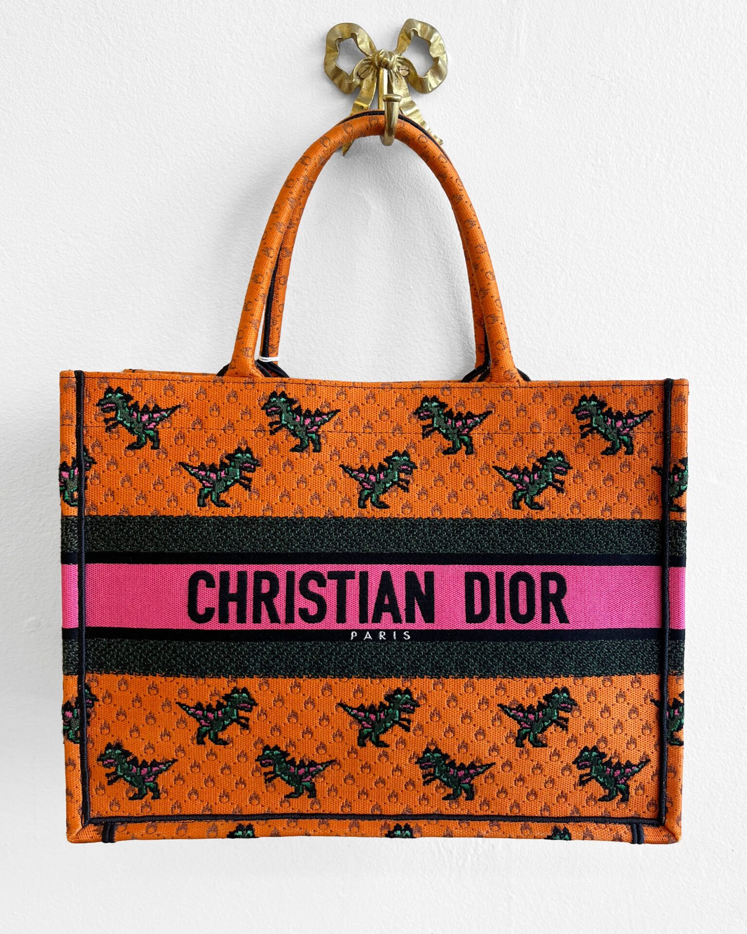 Dior Medium Book Tote in orange Dragon and Fire embroidered canvas