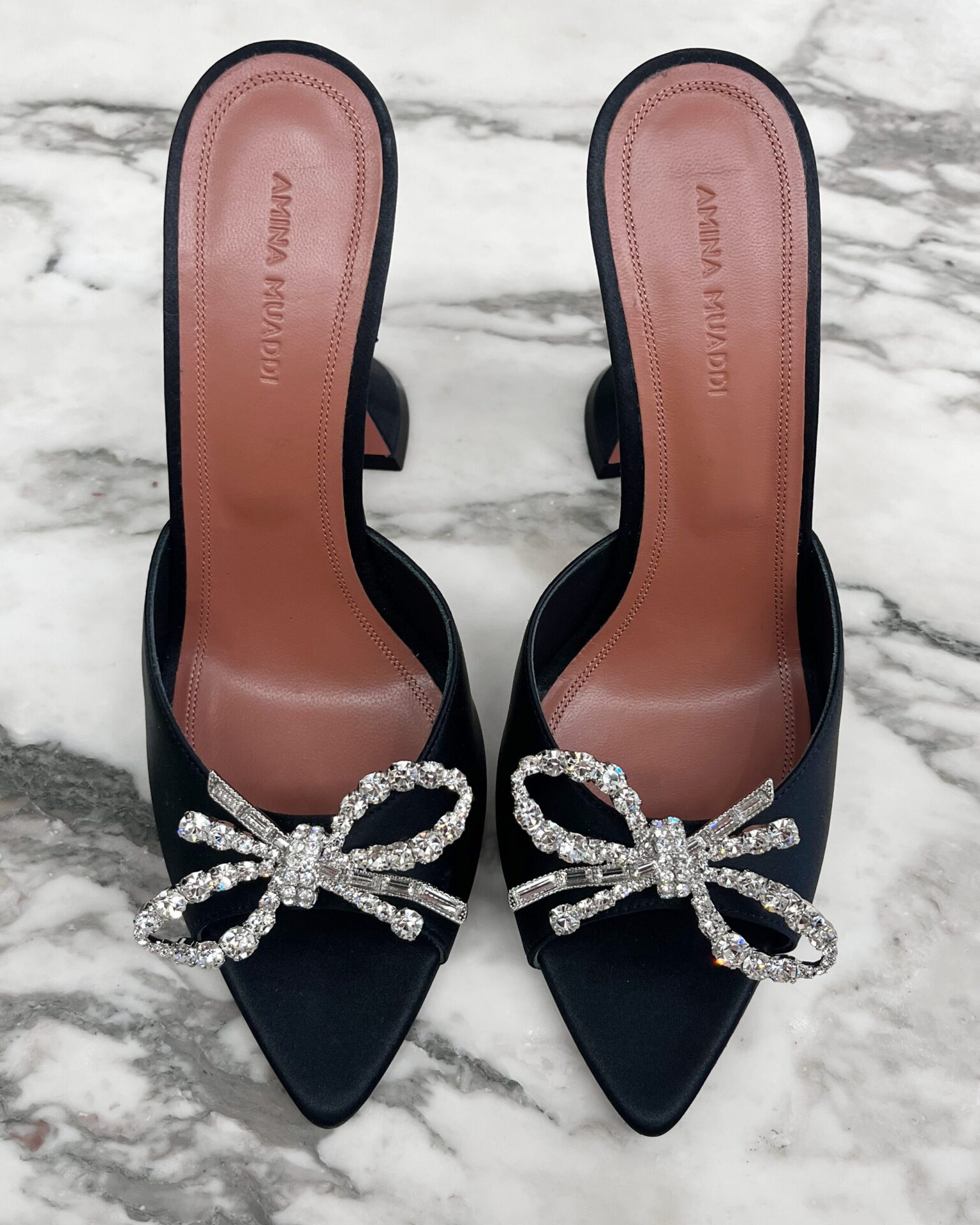 Amina Muaddi Rosie black satin mules
