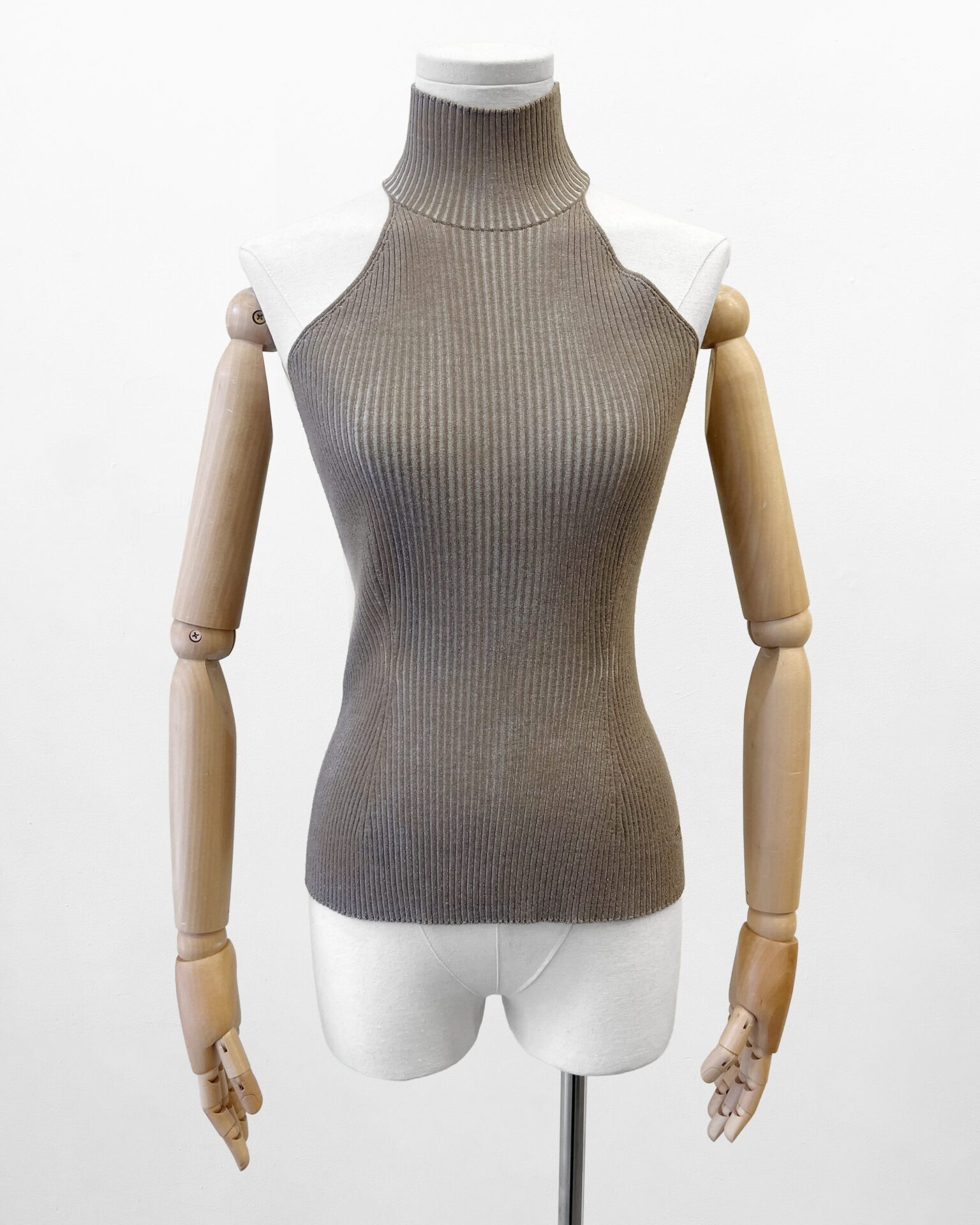 Fendi taupe wool rib-knit halter neck tank top