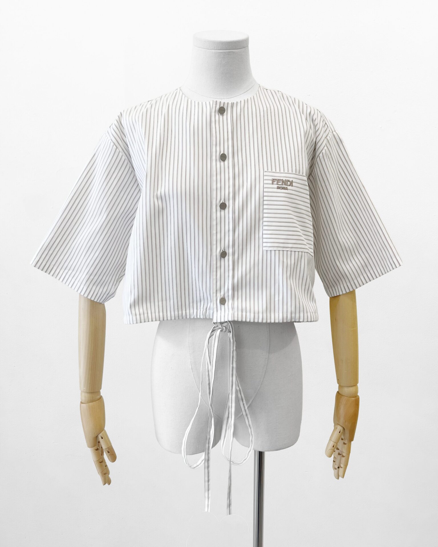Fendi cotton & silk white/taupe striped cropped shirt with waist tie