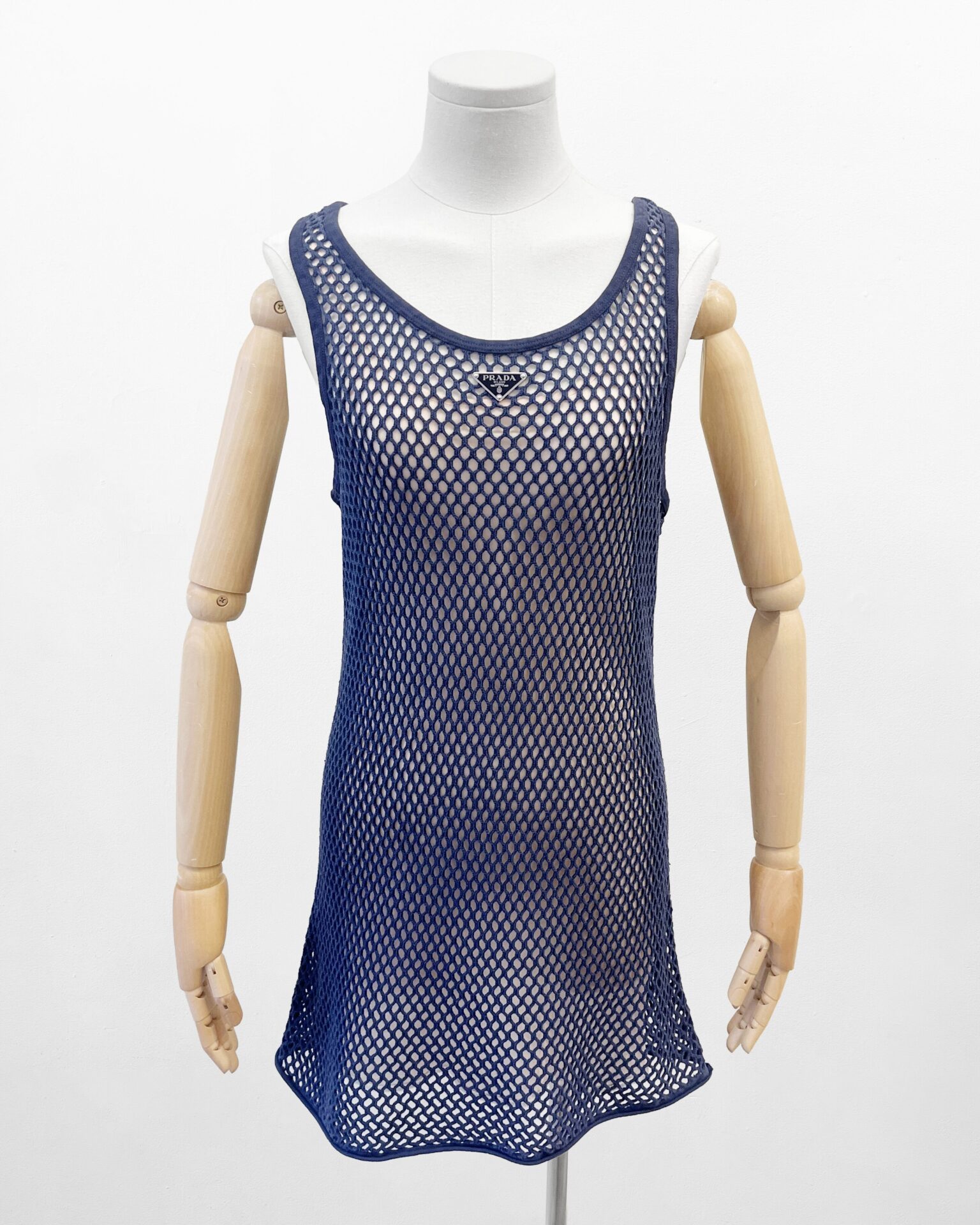 Prada navy cotton mesh tank dress with nude slip