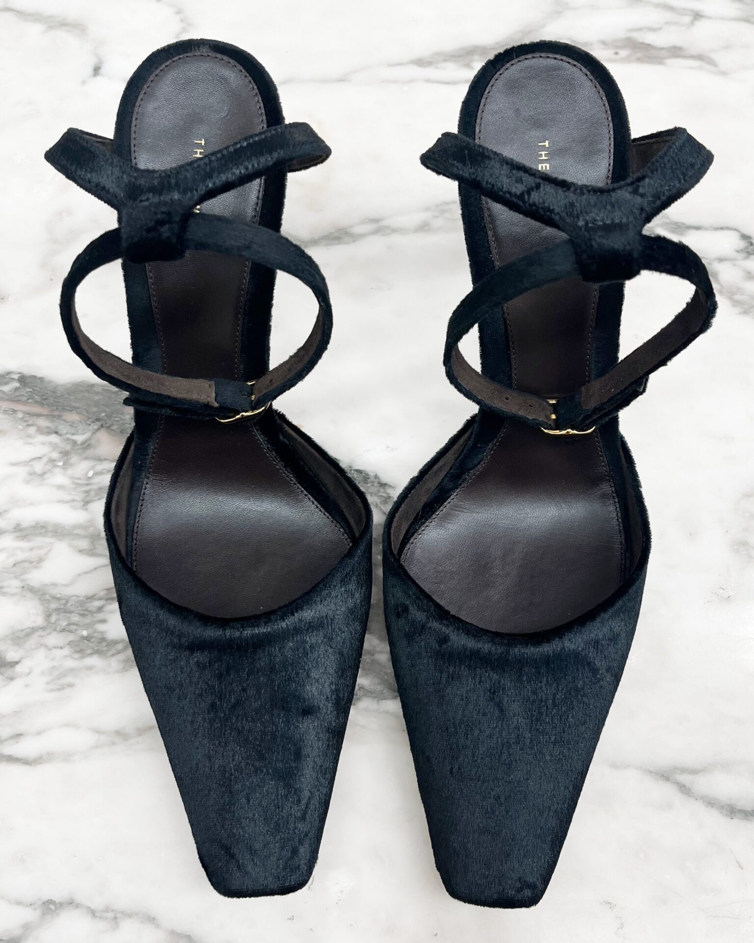The Row Carla 80 black velvet ankle strap pumps