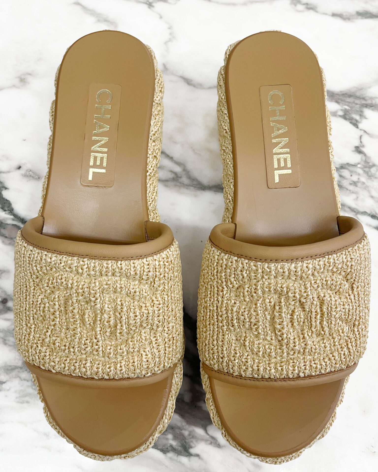 Chanel cream raffia CC platform mule sandals