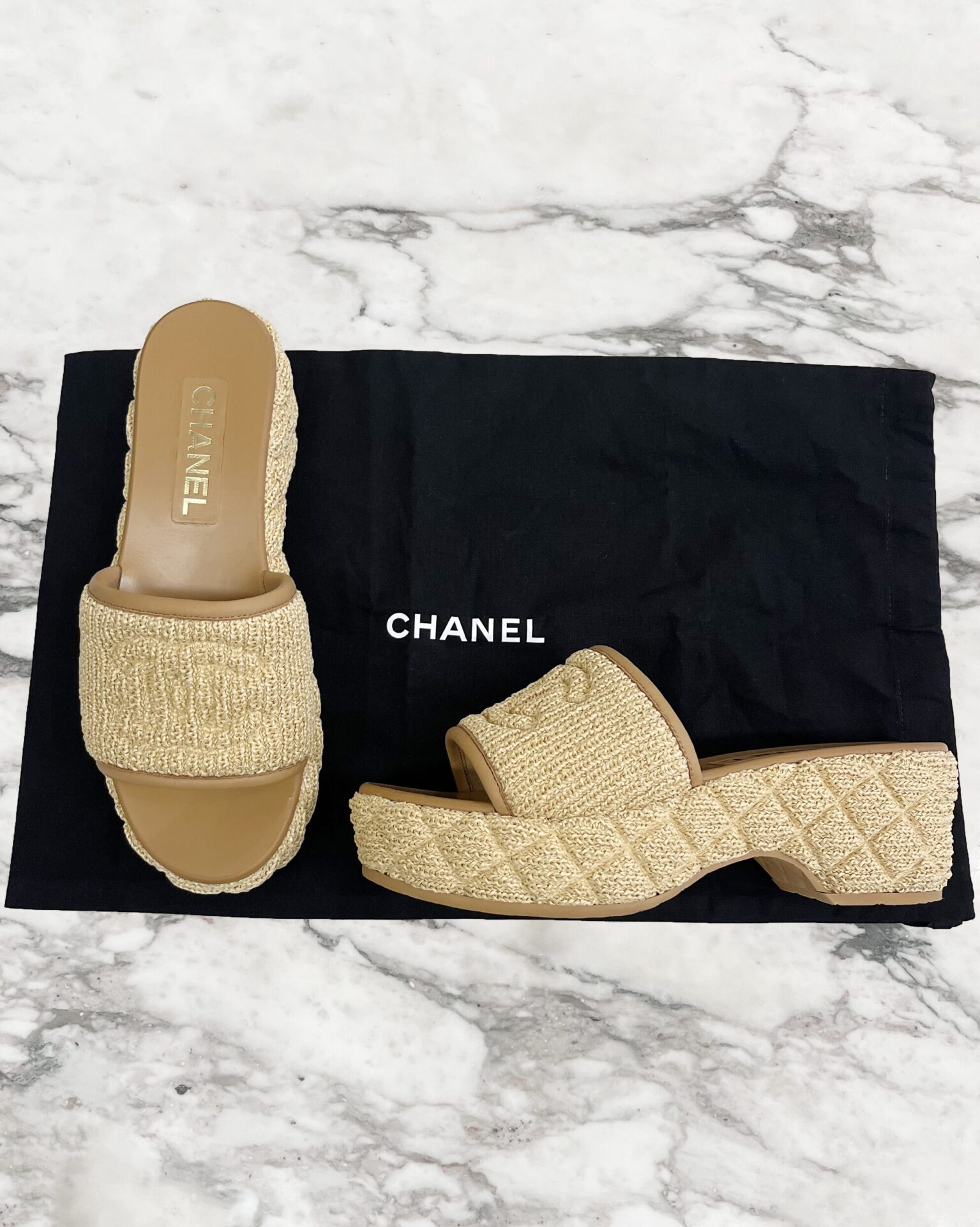 Chanel cream raffia CC platform mule sandals
