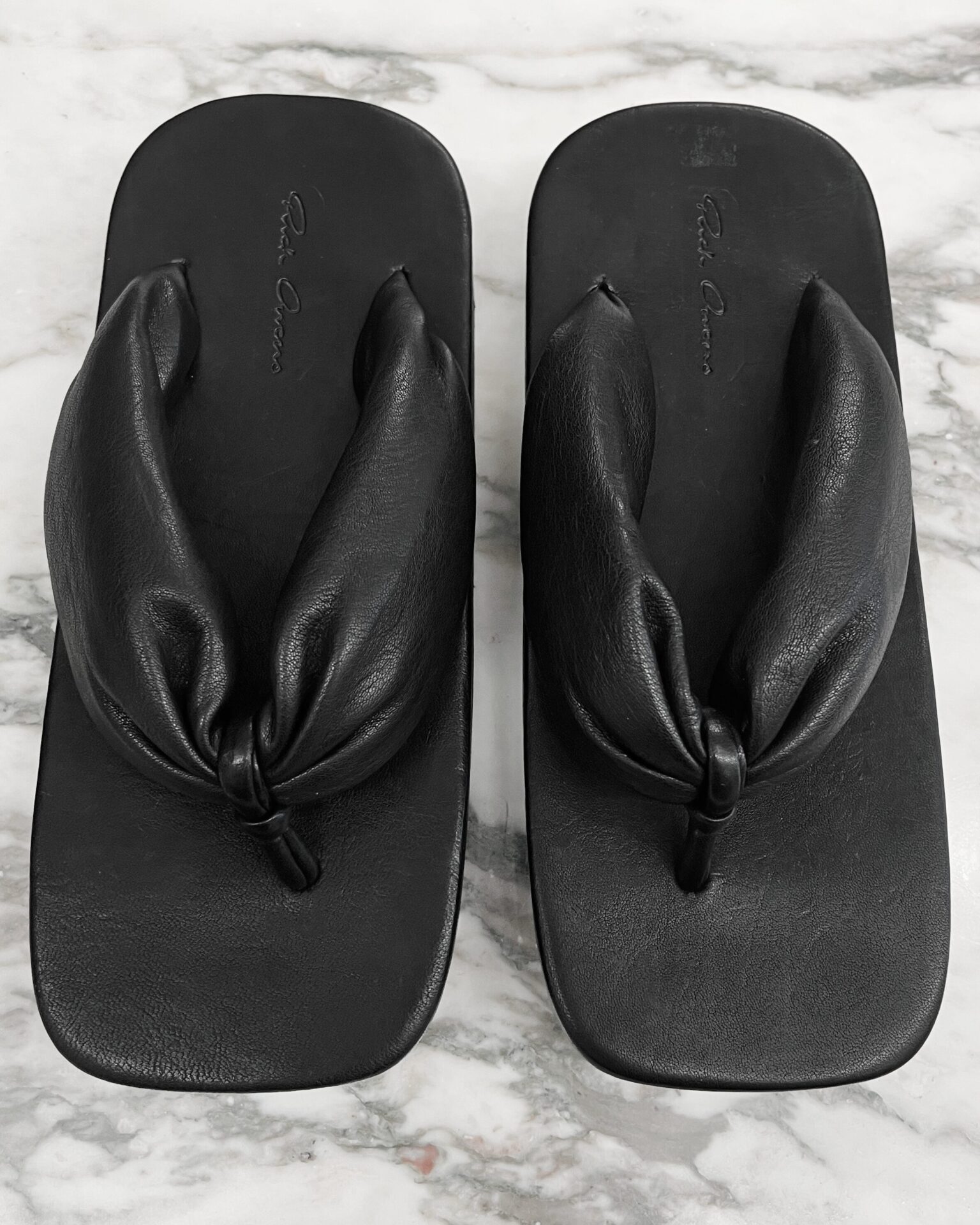 Rick Owens Hollywood padded black leather platform flip flops