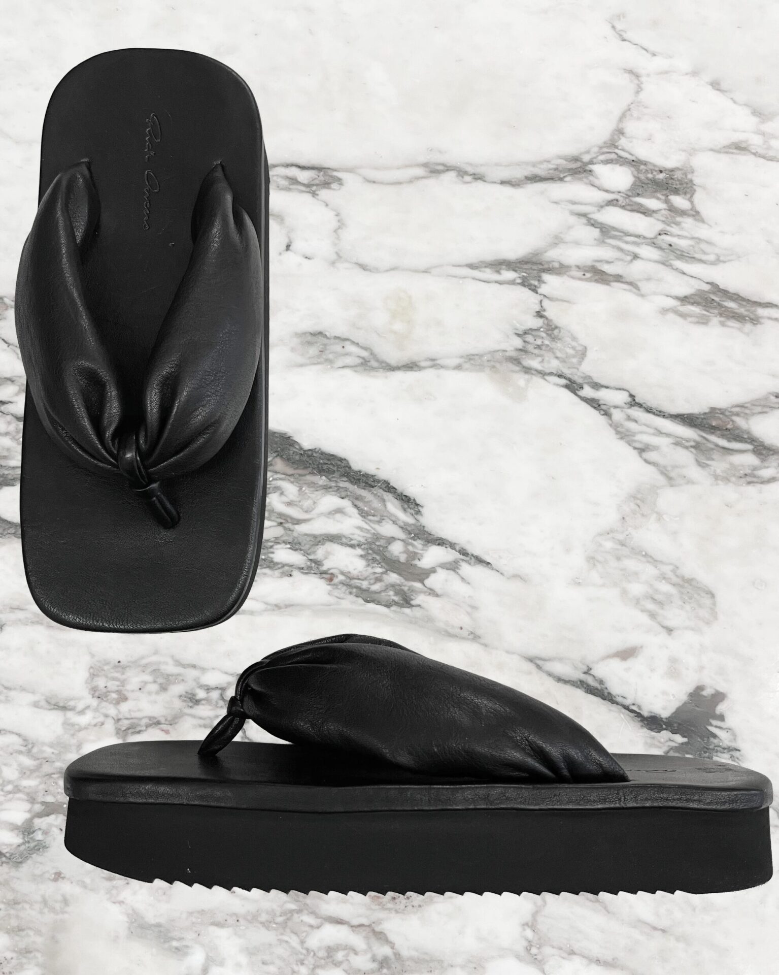 Rick Owens Hollywood padded black leather platform flip flops