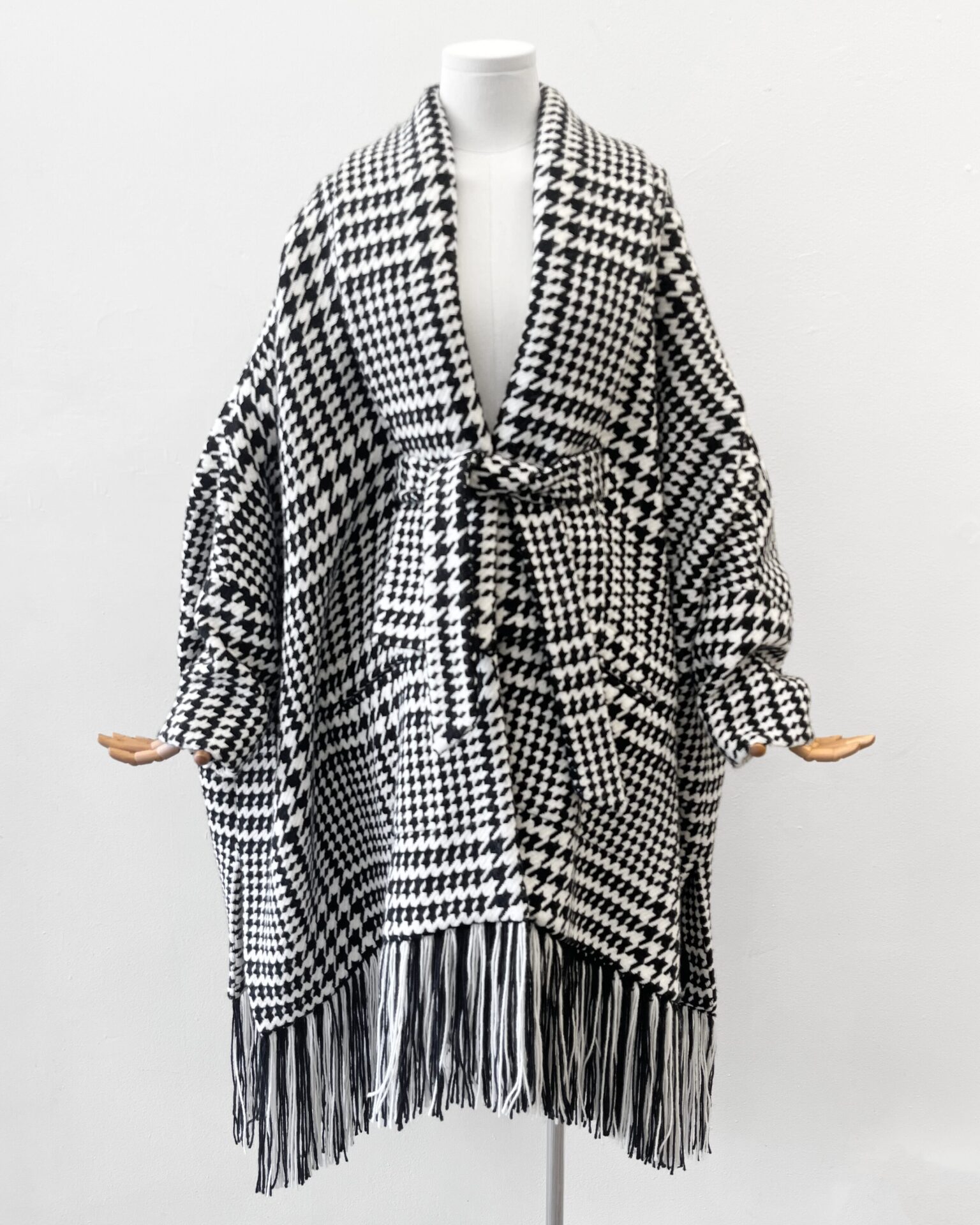 Balmain black & white houndstooth wool fringe coat