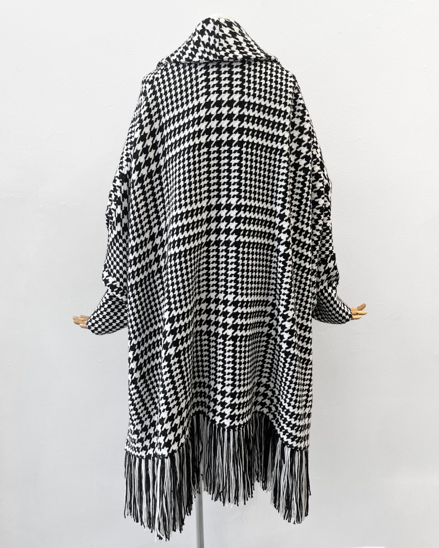 Balmain black & white houndstooth wool fringe coat