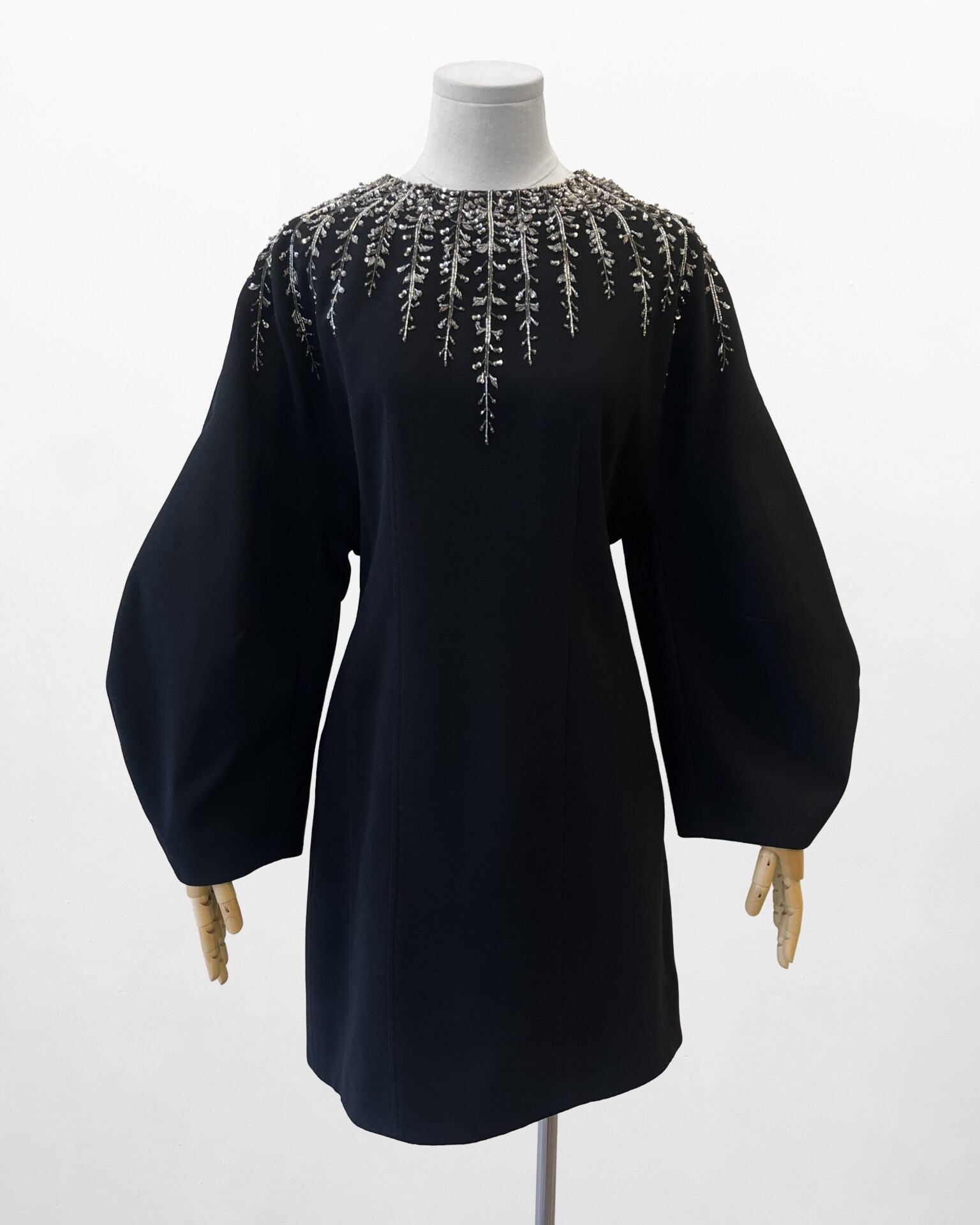 Givenchy black wool/silk long sleeve silver beaded dress
