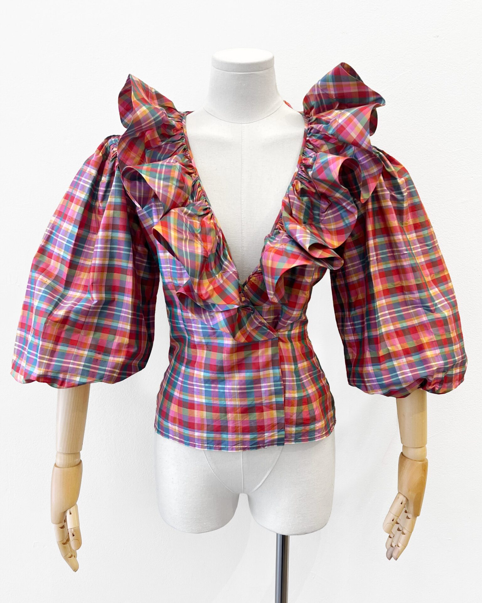 Oscar de la Renta SS1992 runway colourful silk plaid low cut blouse