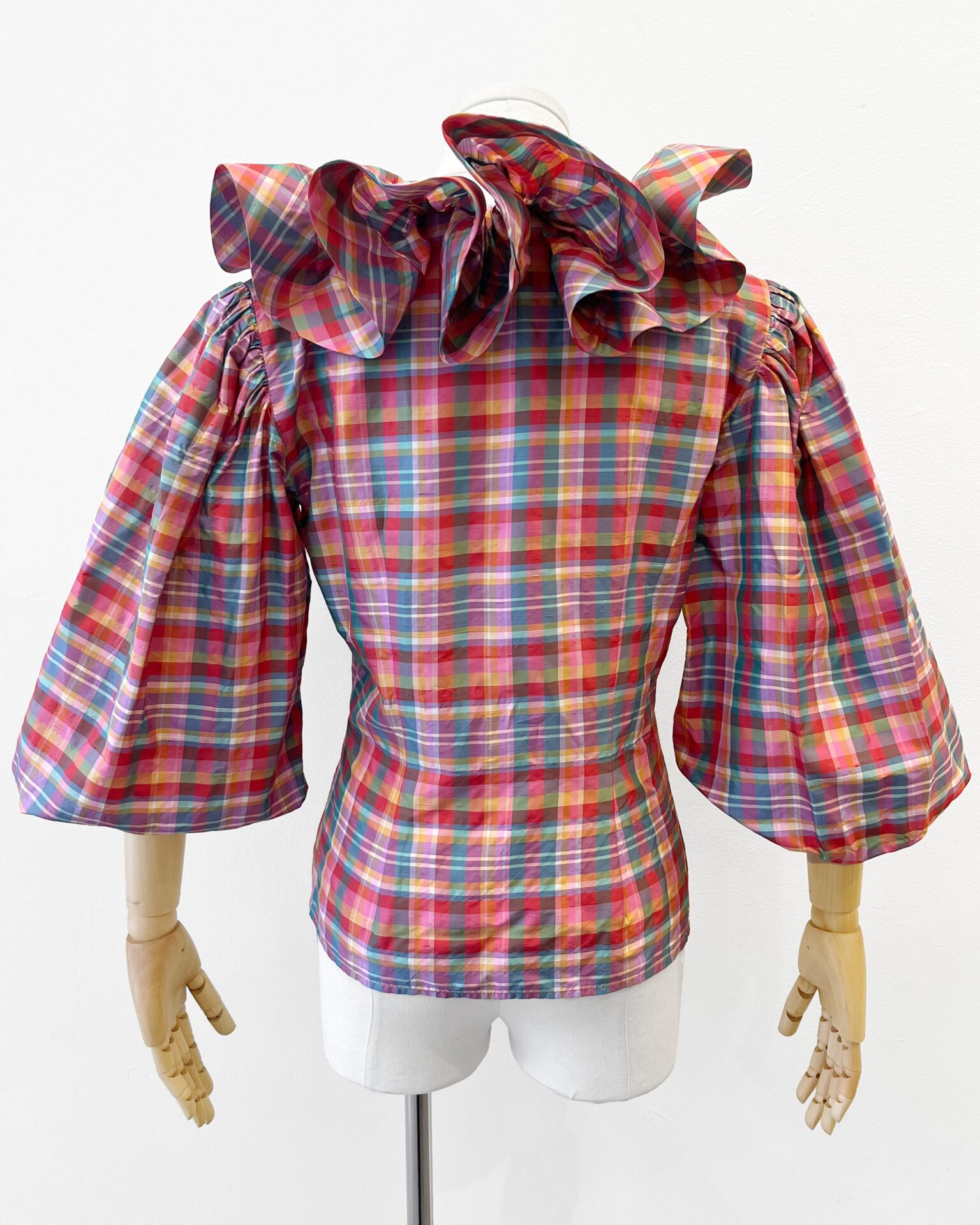 Oscar de la Renta SS1992 runway colourful silk plaid low cut blouse