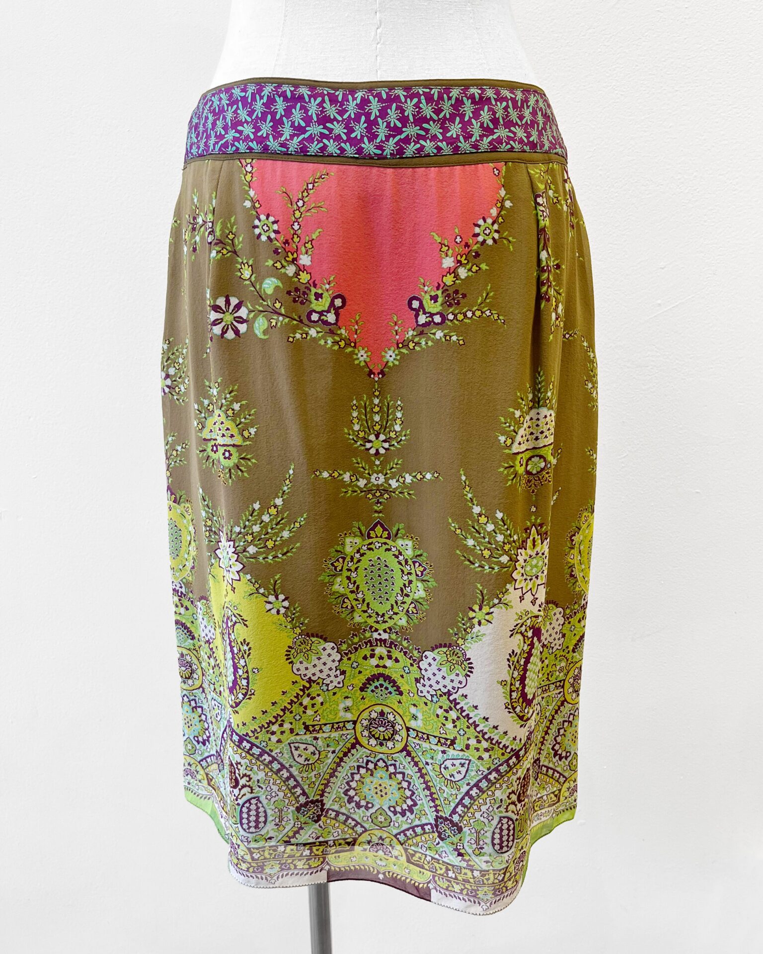 Etro silk chiffon pleated beltedskirt in green, pink & purple