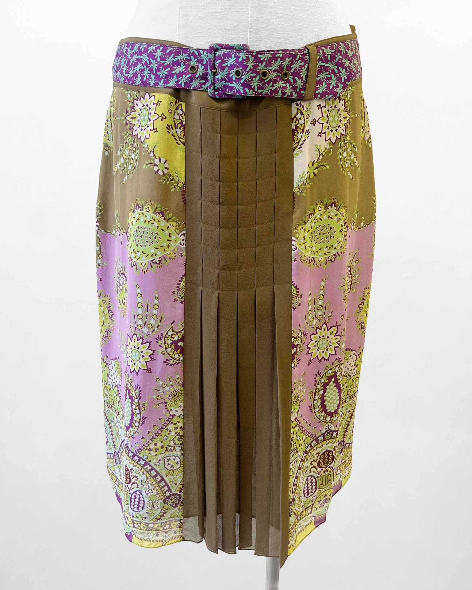Etro silk chiffon pleated beltedskirt in green, pink & purple