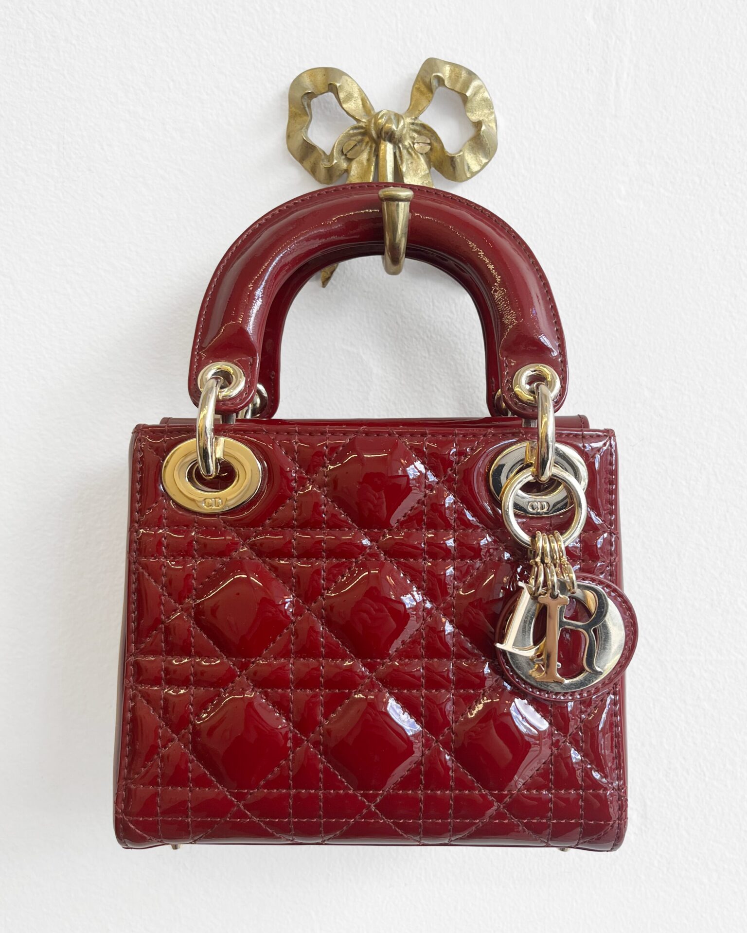 Dior Mini Lady Bag in cherry red patent cannage with gold hardware