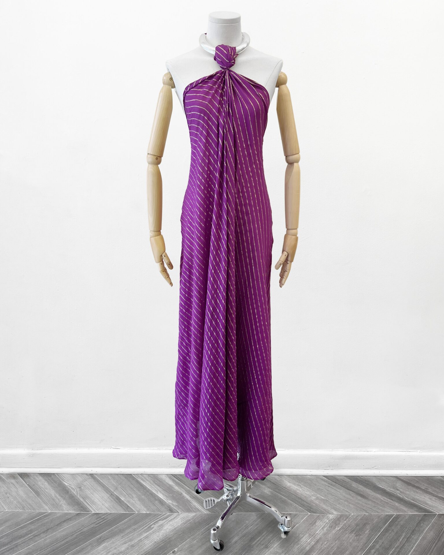 Johanna Ortiz magenta silk chiffon halter gown with tie