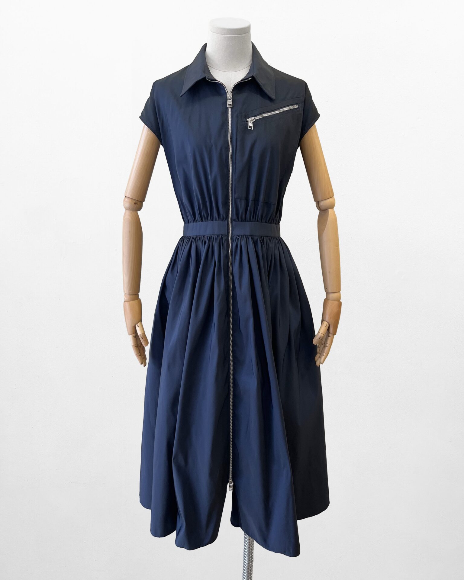 Alexander McQueen front zip navy taffeta dress with full skirt
