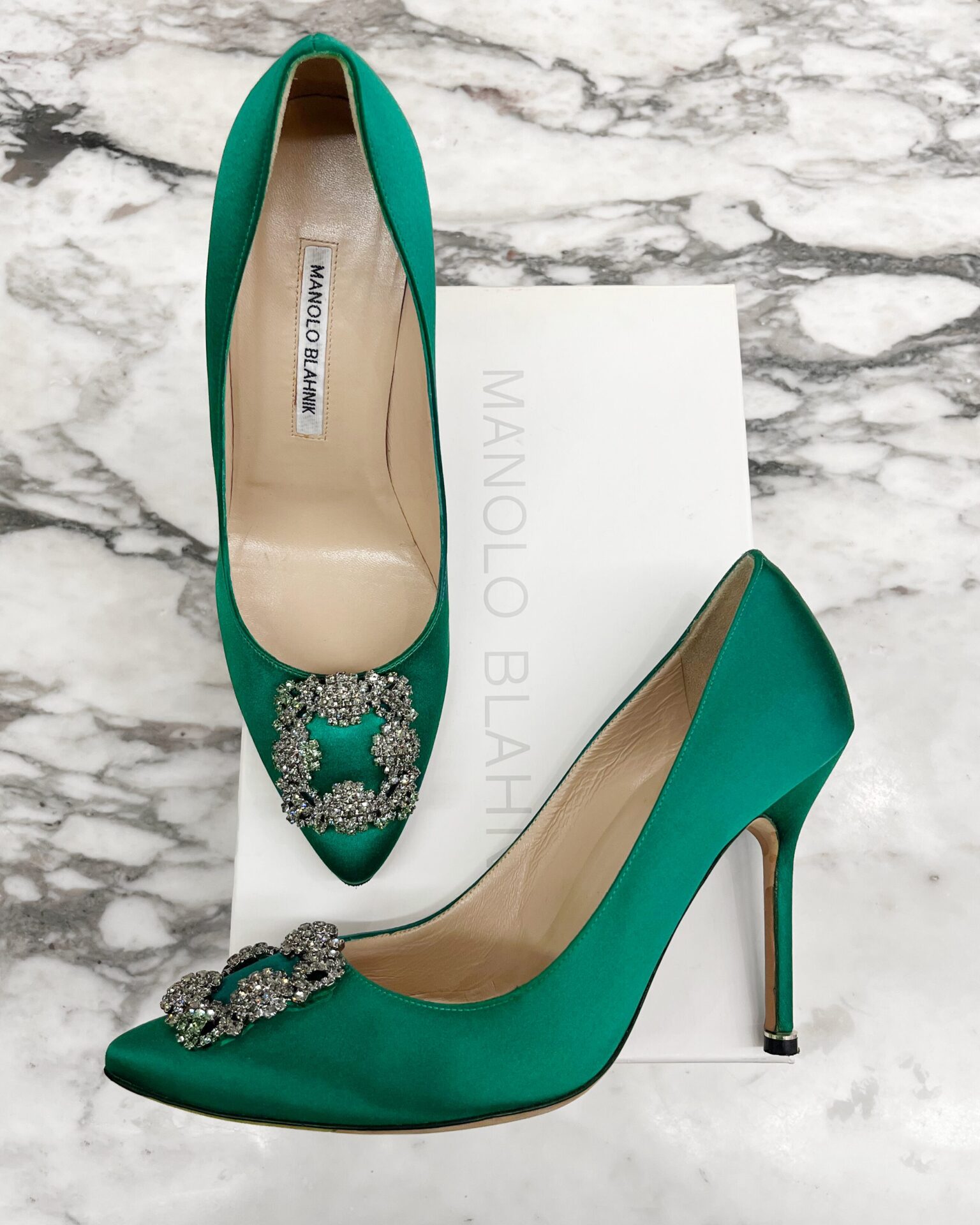 Manolo Blahnik Hangini emerald satin heels