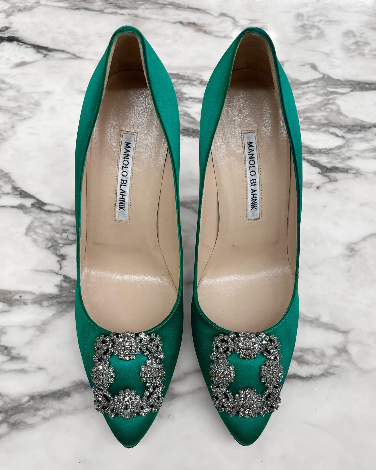 Manolo Blahnik Hangini emerald satin heels