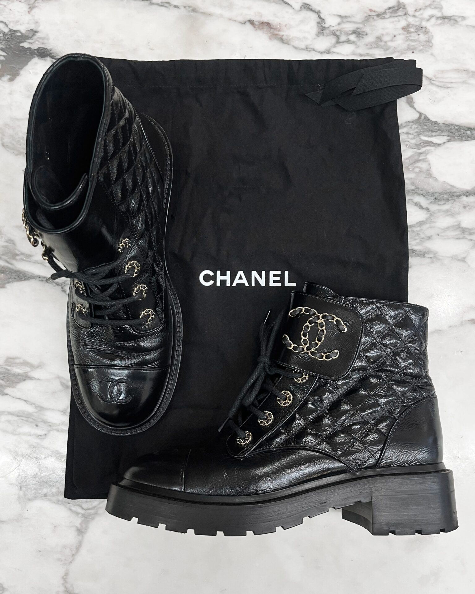 Chanel black quilted leather combat boots