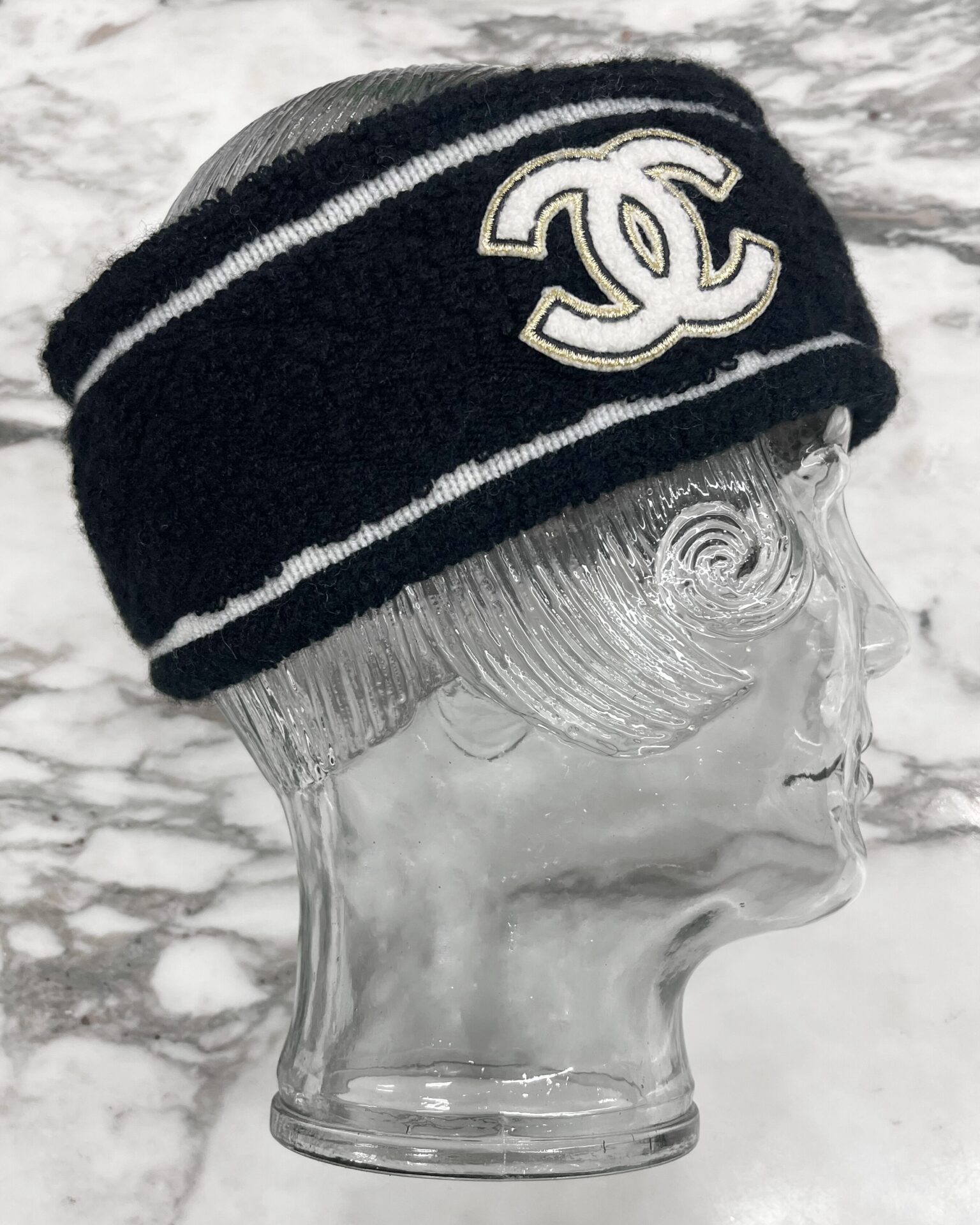 Chanel black with ivory cashmere logo headband