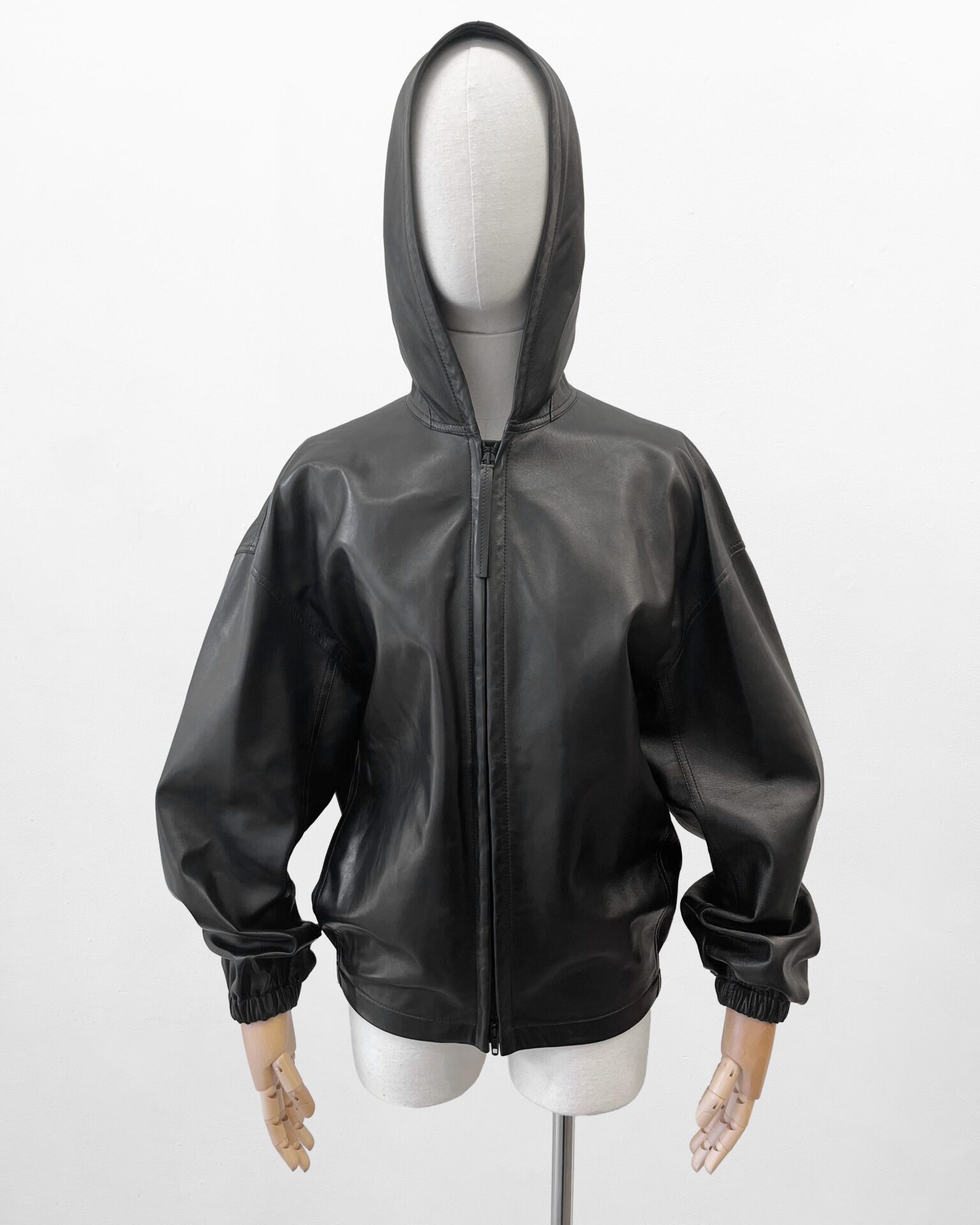 Phoebe Philo black plongé leather hooded bomber jacket