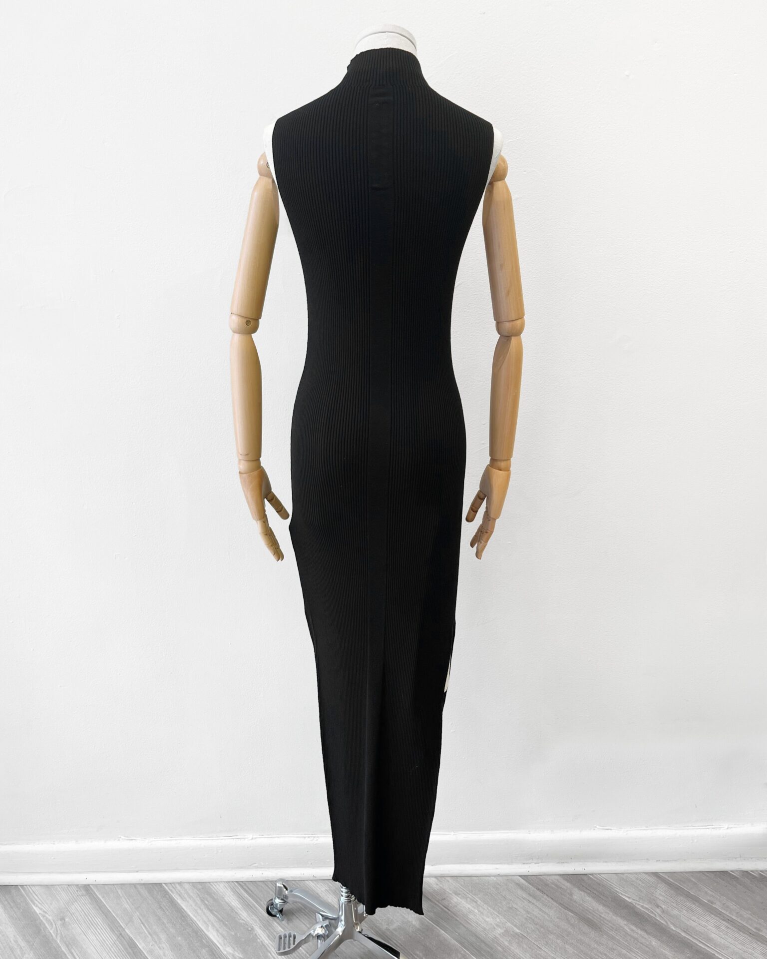 Rick Owens mock neck black rib knit gown with side slit