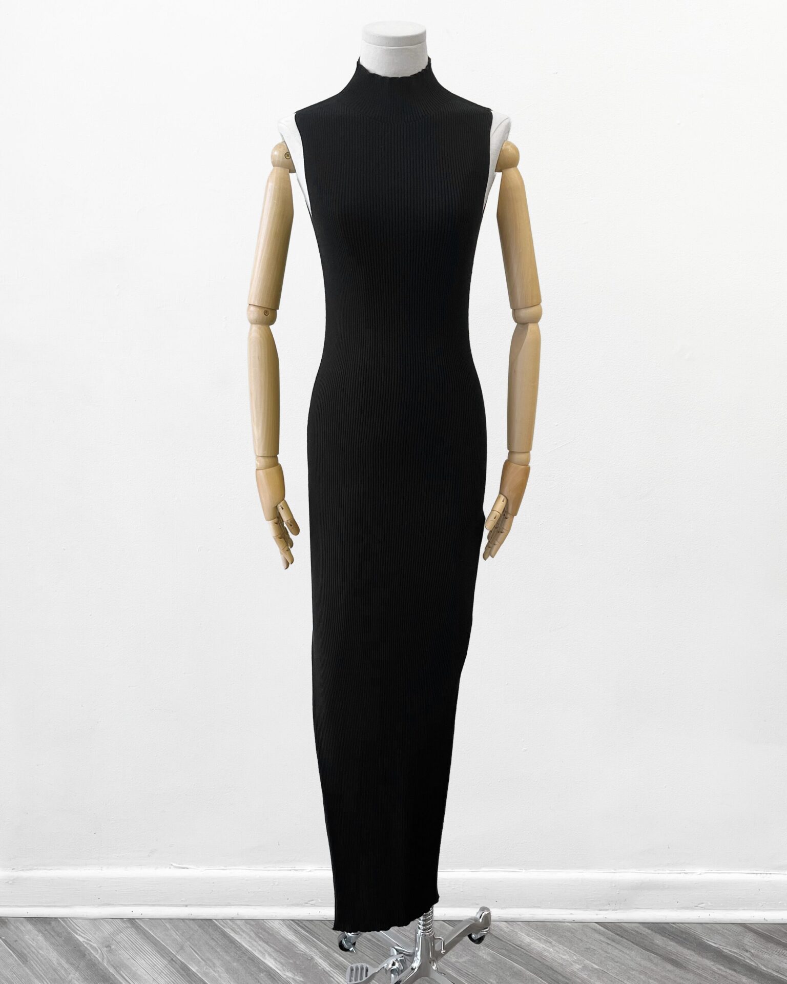 Rick Owens mock neck black rib knit gown with side slit