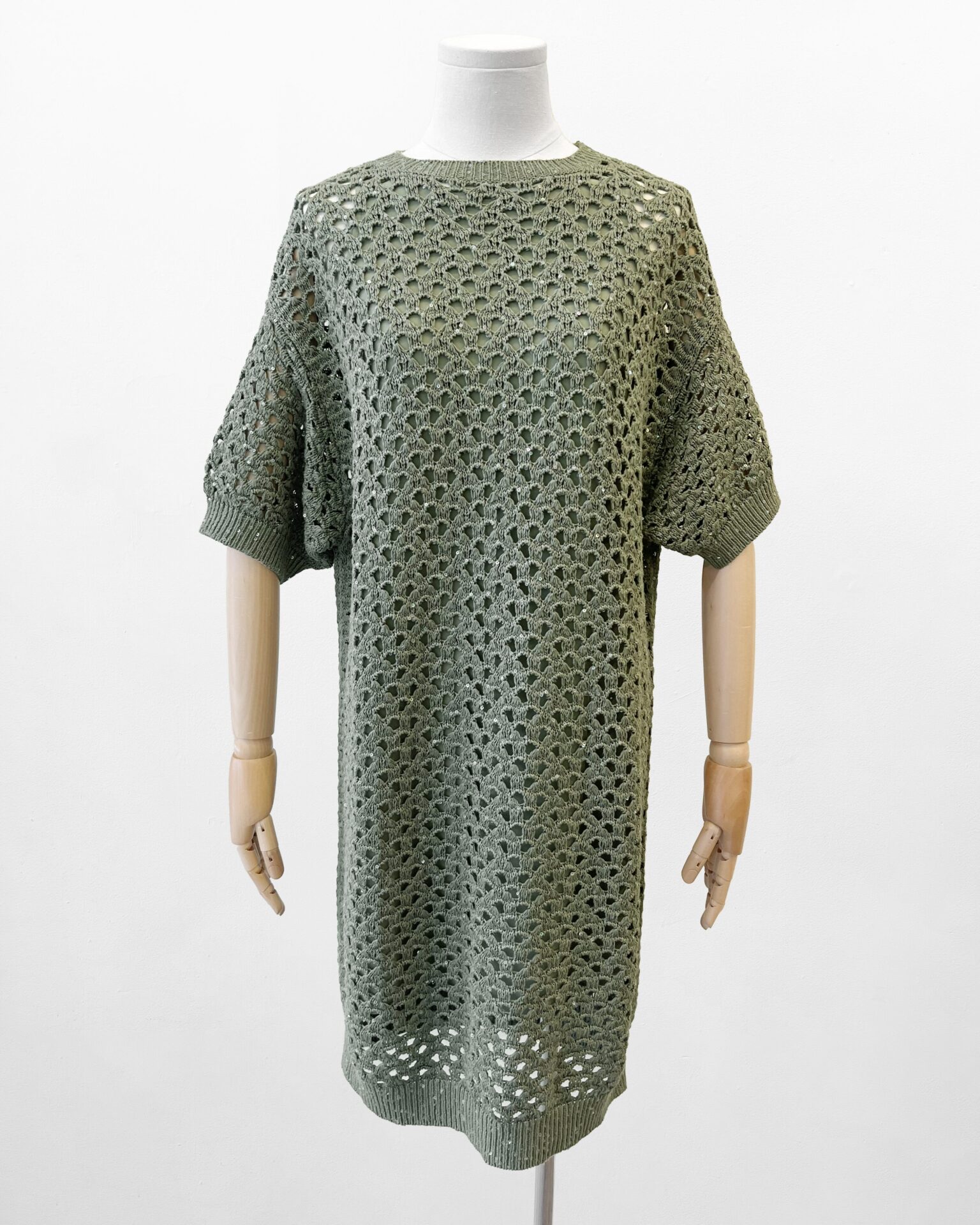 Brunello Cucinelli sage green knit dress with sequins & slip