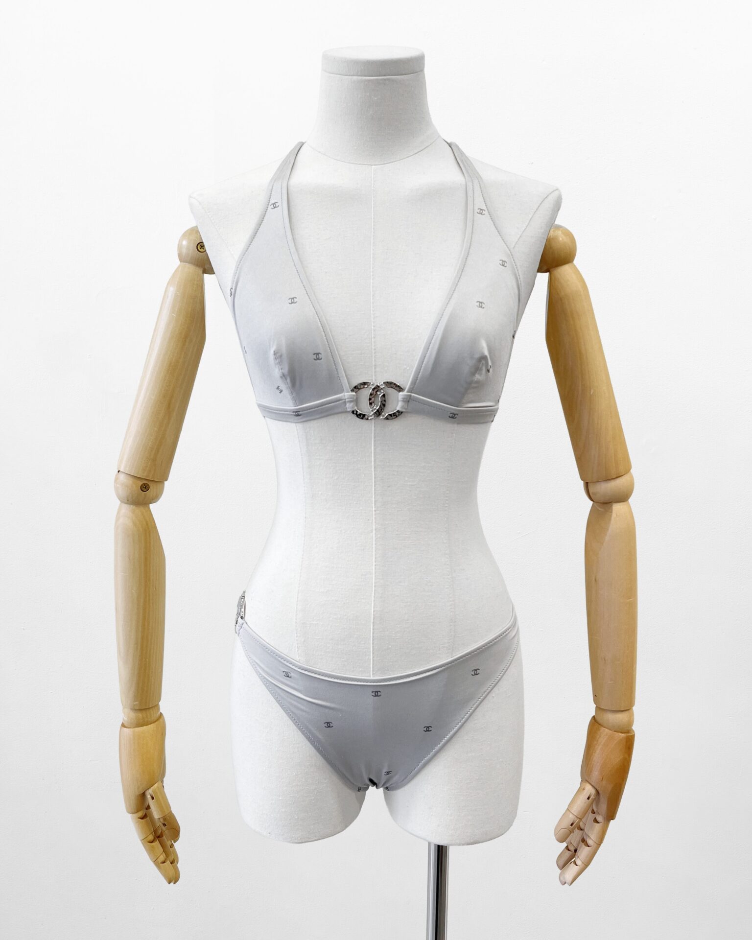 Chanel 2024 silver 2 piece bikini with logo print
