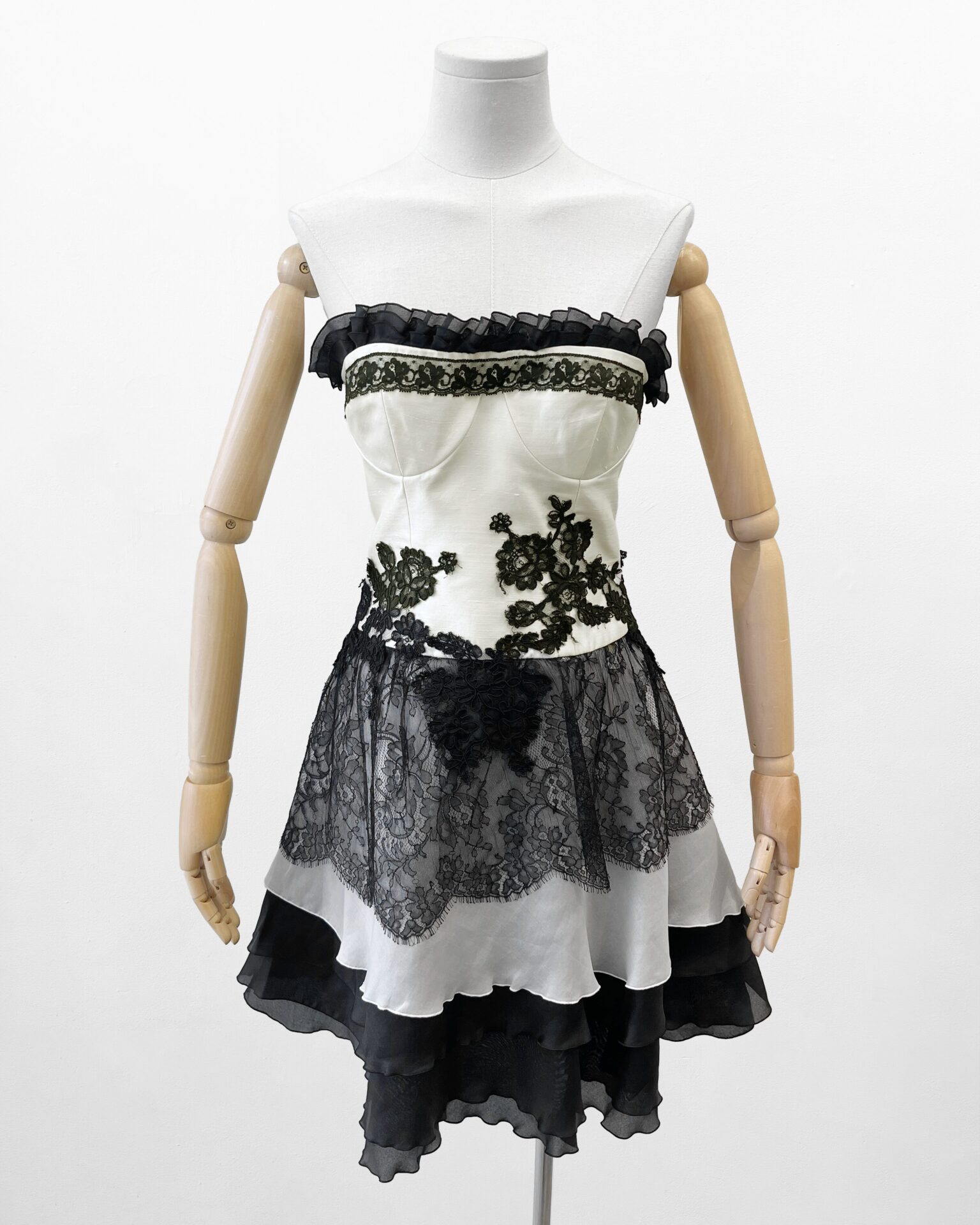 Christian LaCroix 1995 runway cream & black lace strapless dress
