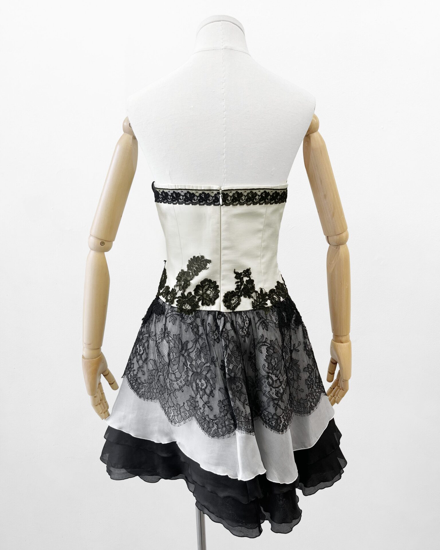 Christian LaCroix 1995 runway cream & black lace strapless dress