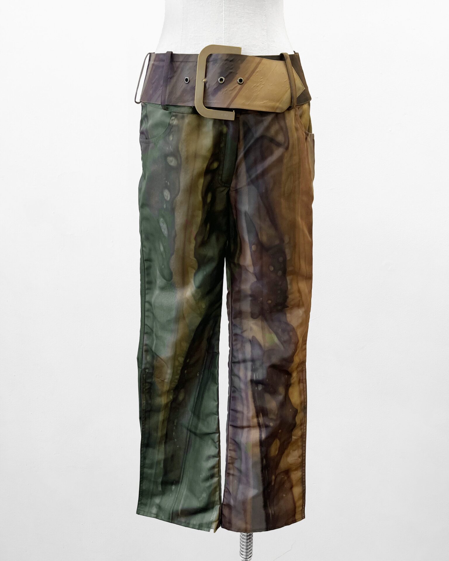 Dior 2001 thick belted marble print pants with side slits