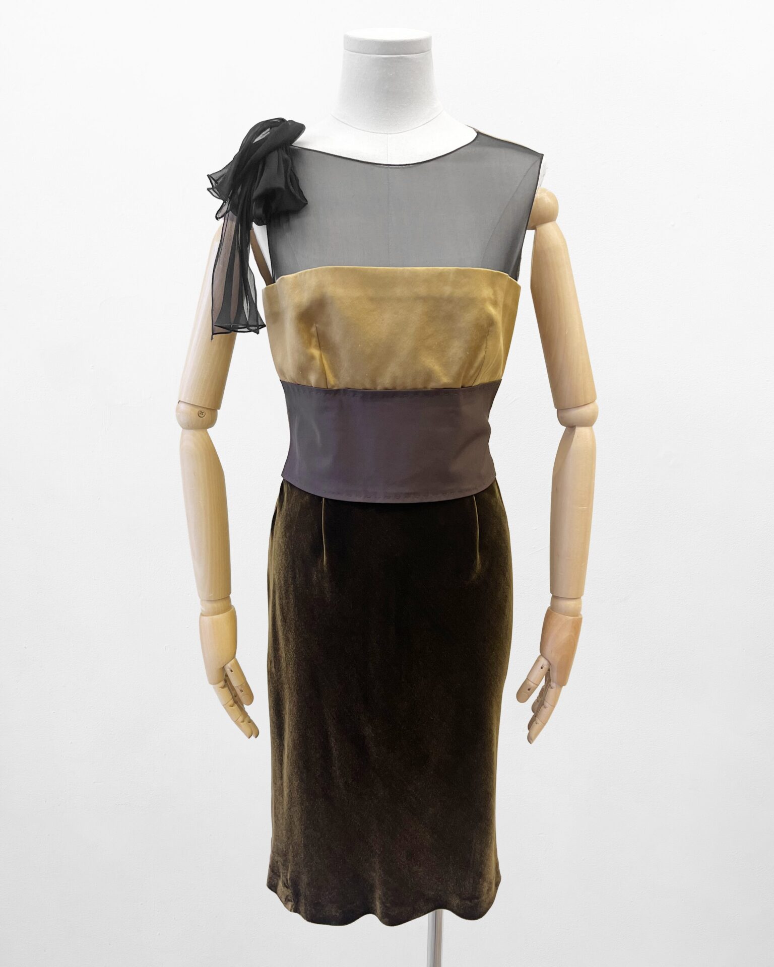 Alberta Ferretti AW04 chocolate goldenrod paneled silk velvet dress
