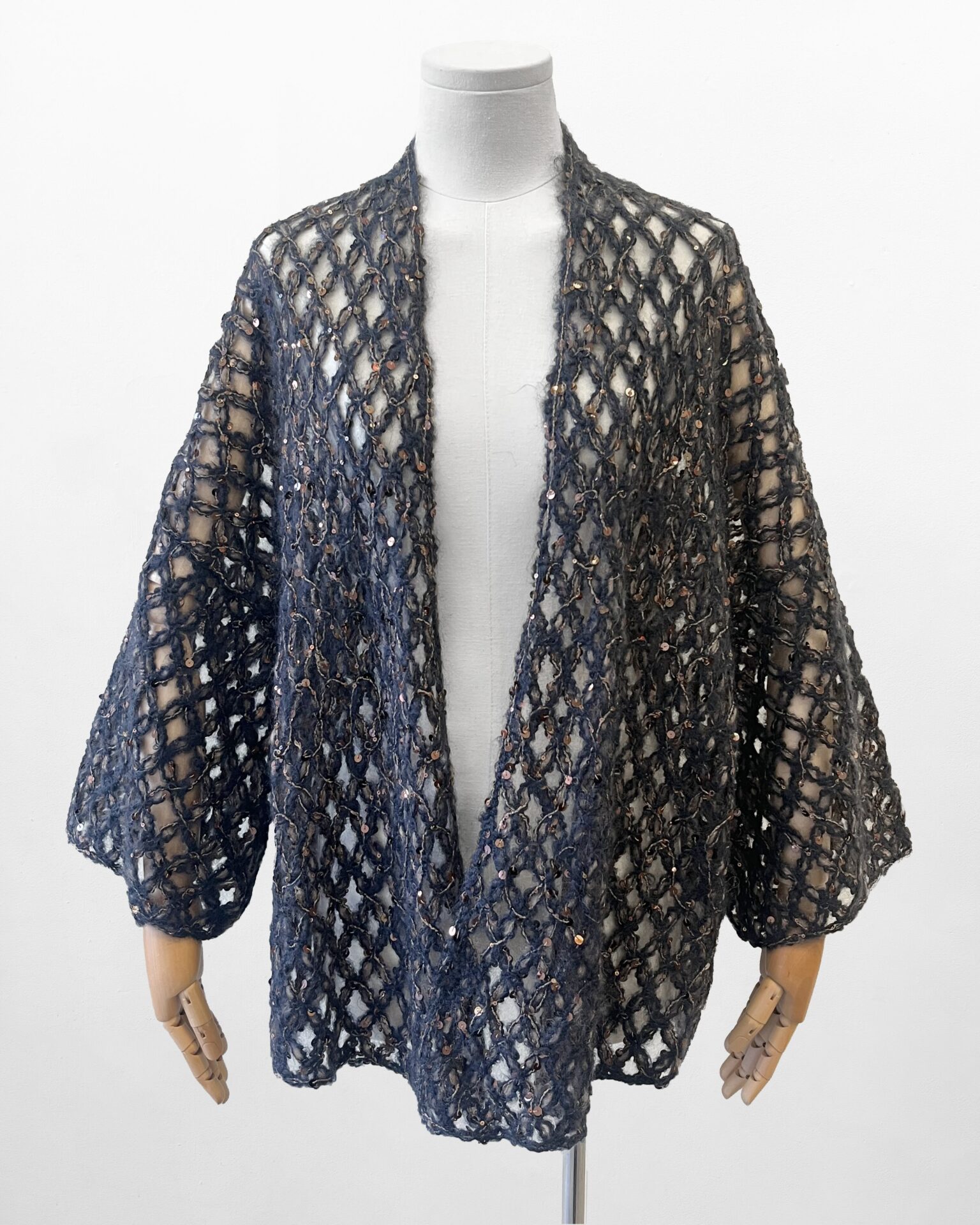 Brunello Cucinelli navy open knit cardigan with beige sequins