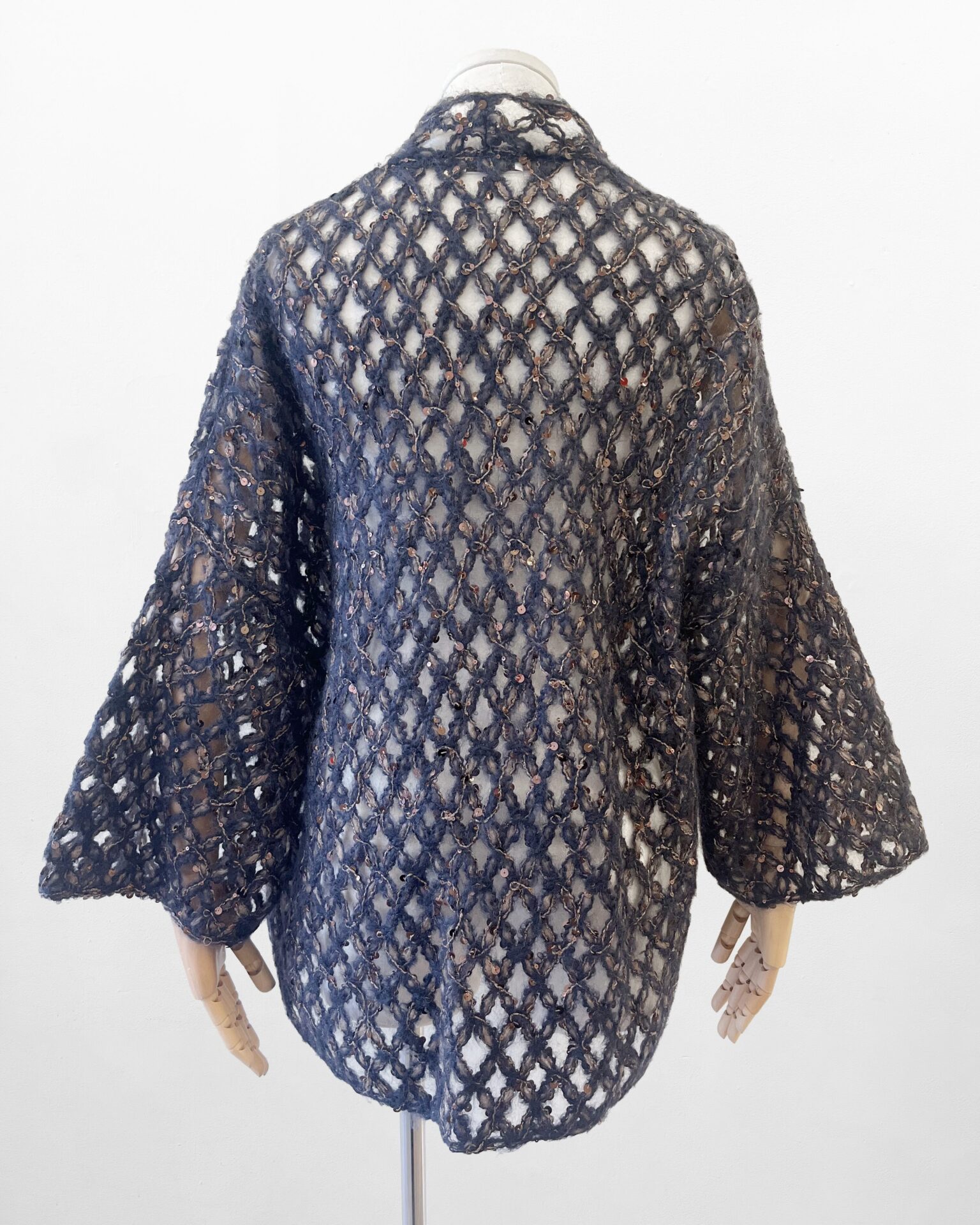 Brunello Cucinelli navy open knit cardigan with beige sequins