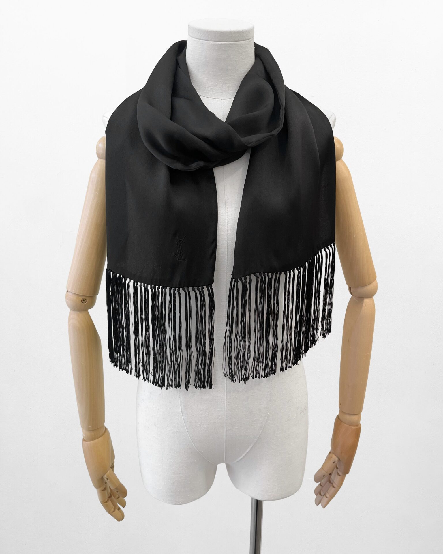 Yves Saint Laurent Rive Gauche black silk long scarf with tassel trim