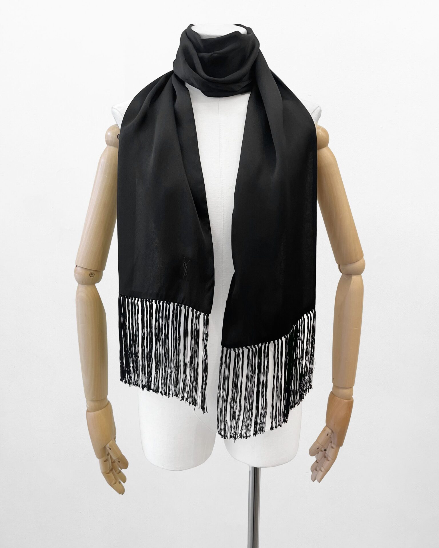 Yves Saint Laurent Rive Gauche black silk long scarf with tassel trim