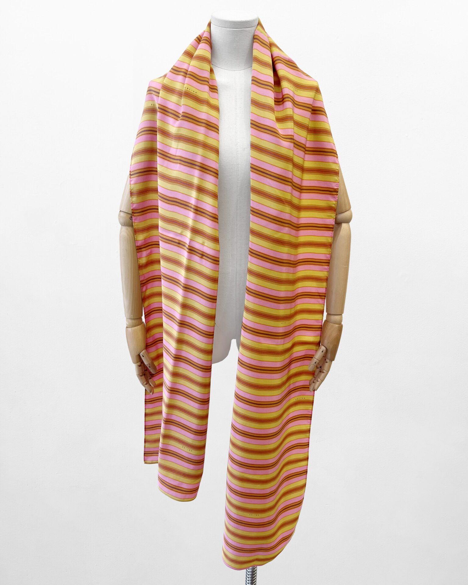 Celine silk large wrap in gold, pink & rust stripes with logo