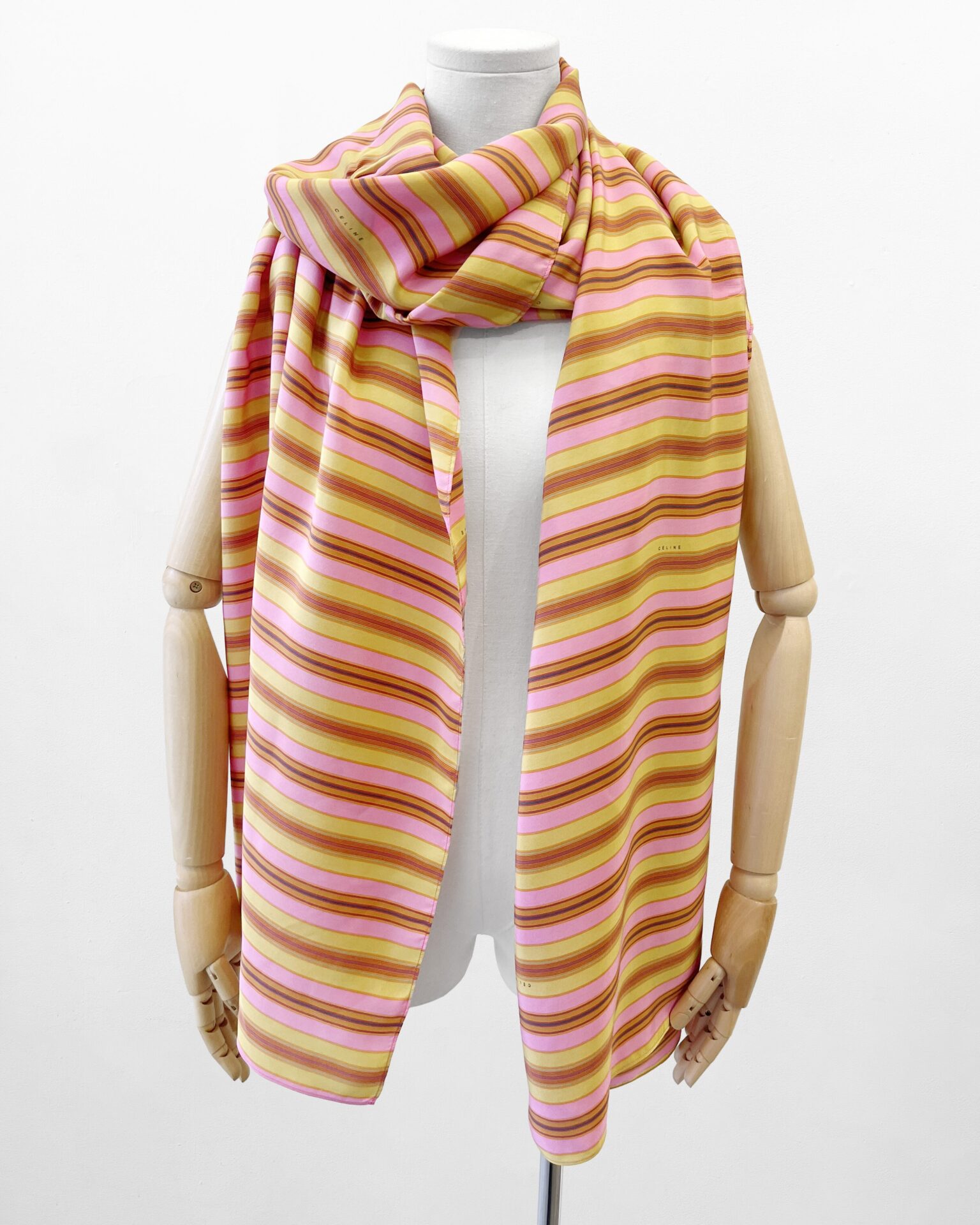 Celine silk large wrap in gold, pink & rust stripes with logo