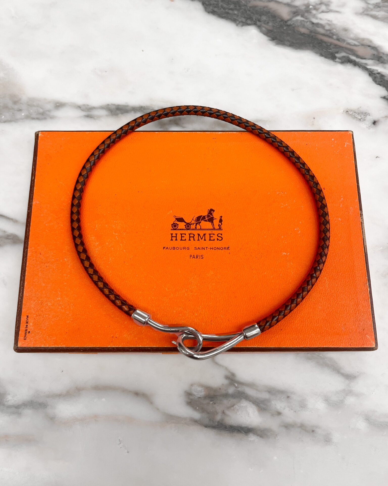Hermes Jumbo choker braided brown & black leather with silver hardware