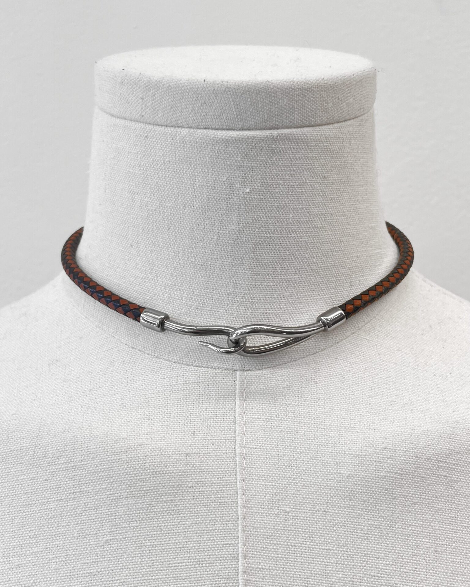 Hermes Jumbo choker braided brown & black leather with silver hardware