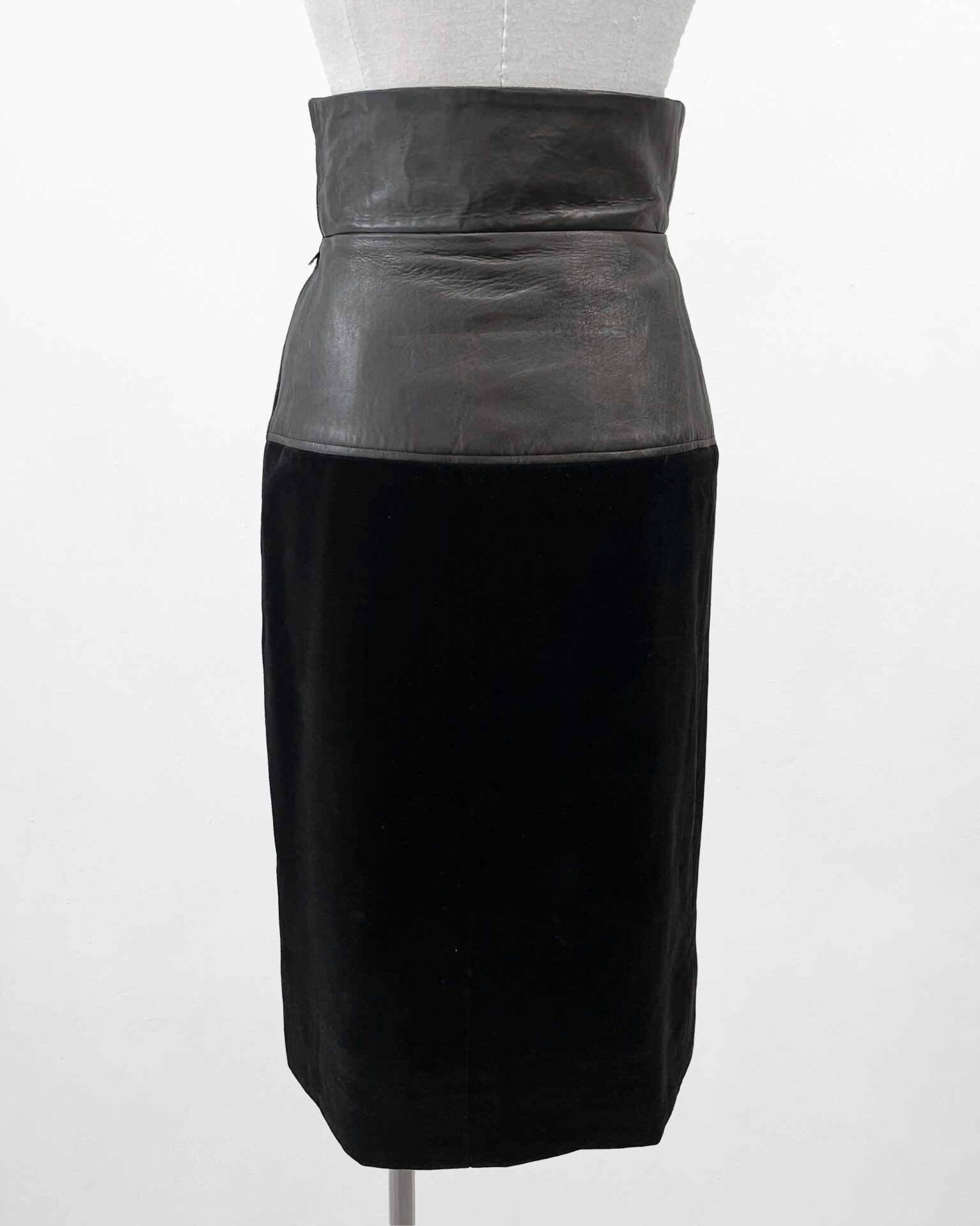 Yves Saint Laurent 1980’s black velvet skirt with leather corset waist