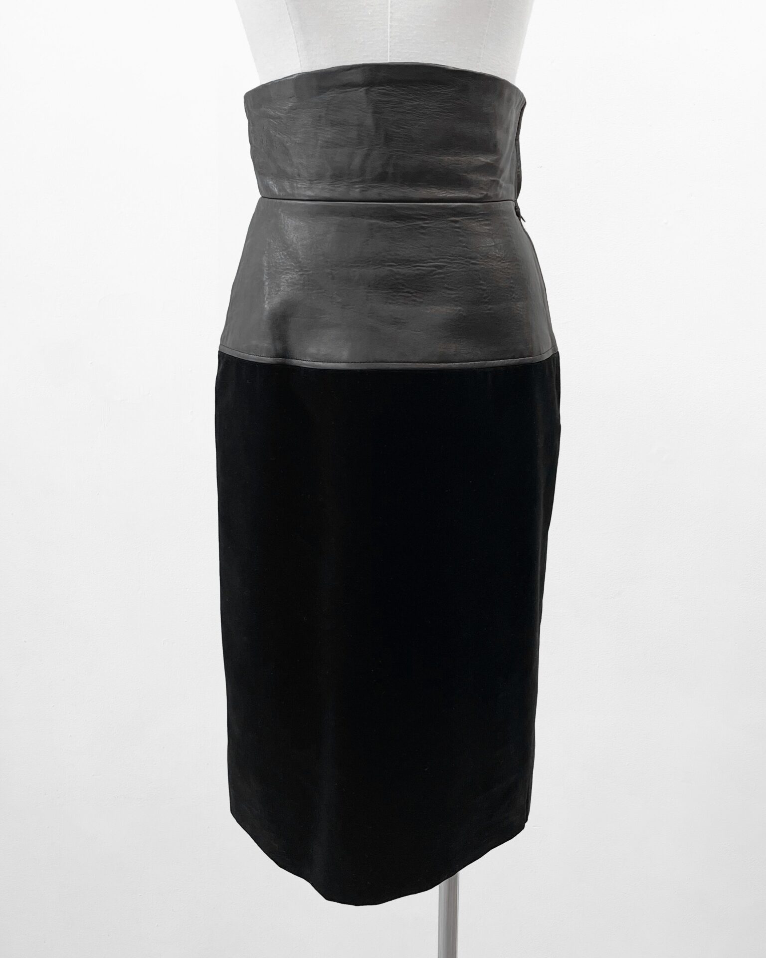 Yves Saint Laurent 1980’s black velvet skirt with leather corset waist