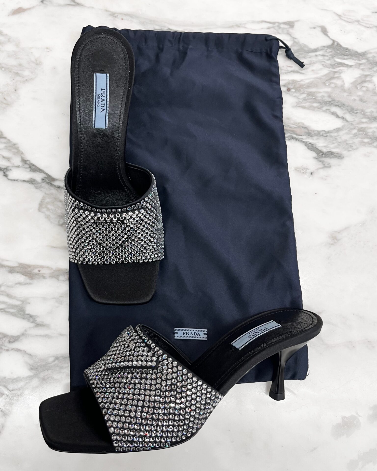 Prada silver crystal & black satin mules